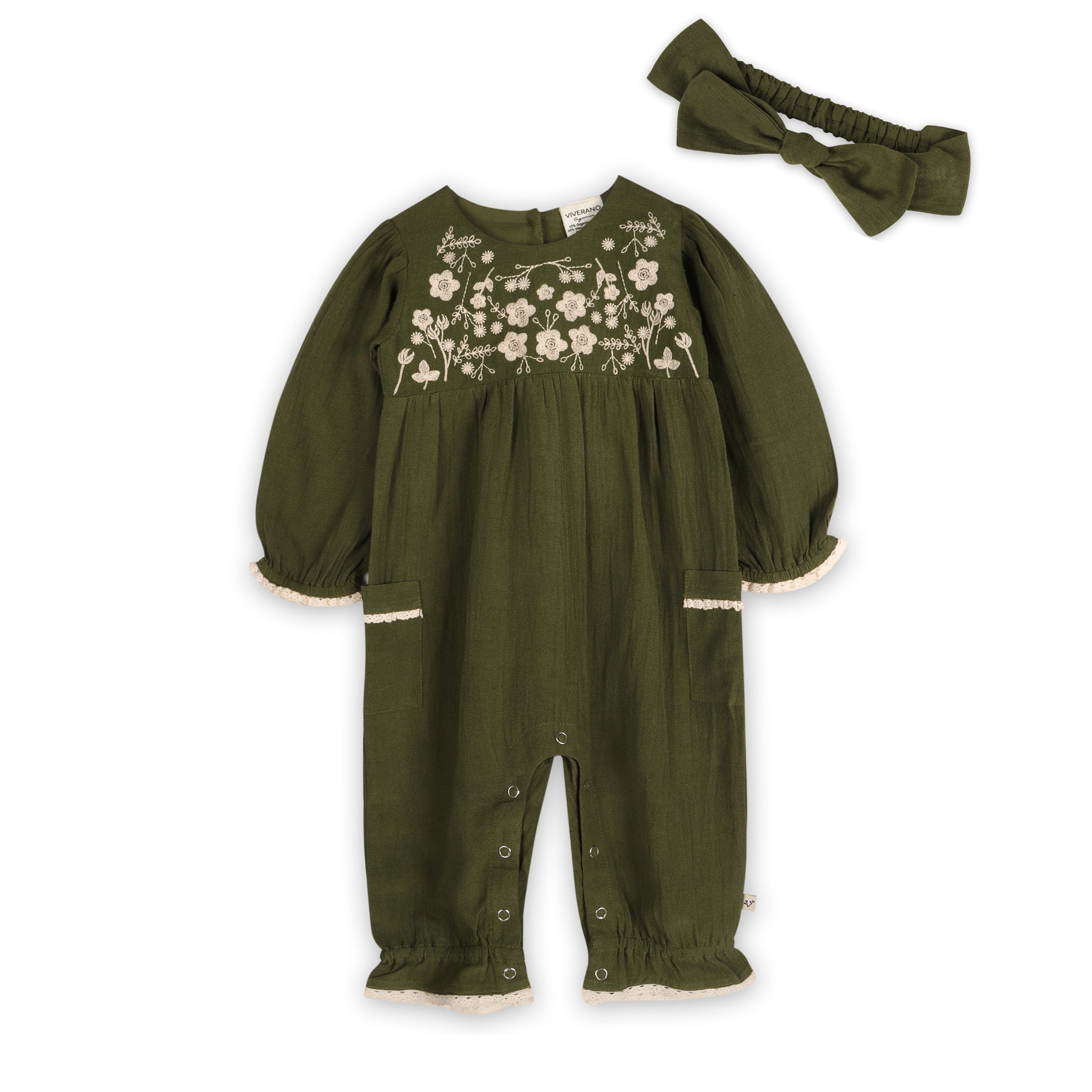 Juniper Embroidered Baby Jumpsuit & Headband Set (Linen Blend)