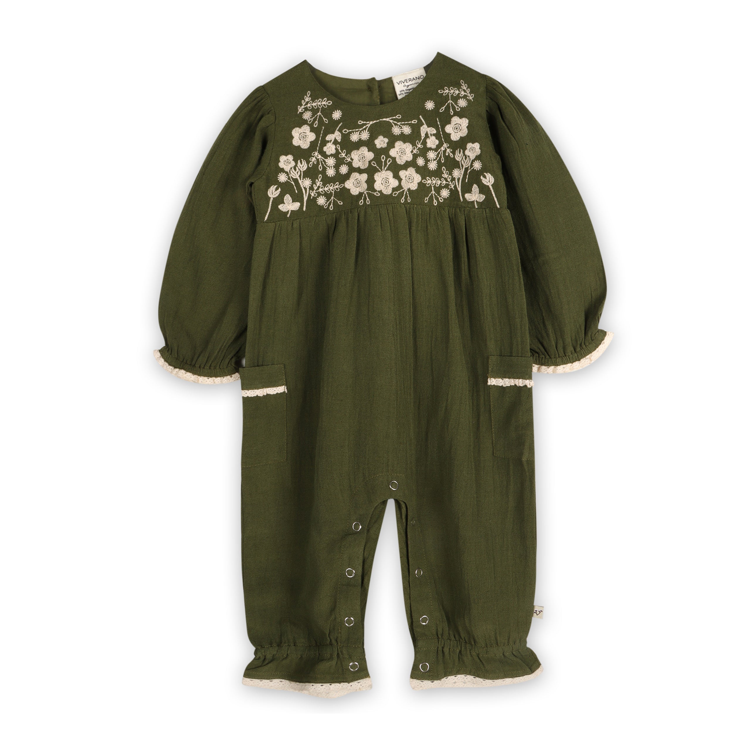 Juniper Embroidered Baby Jumpsuit & Headband Set (Linen Blend)