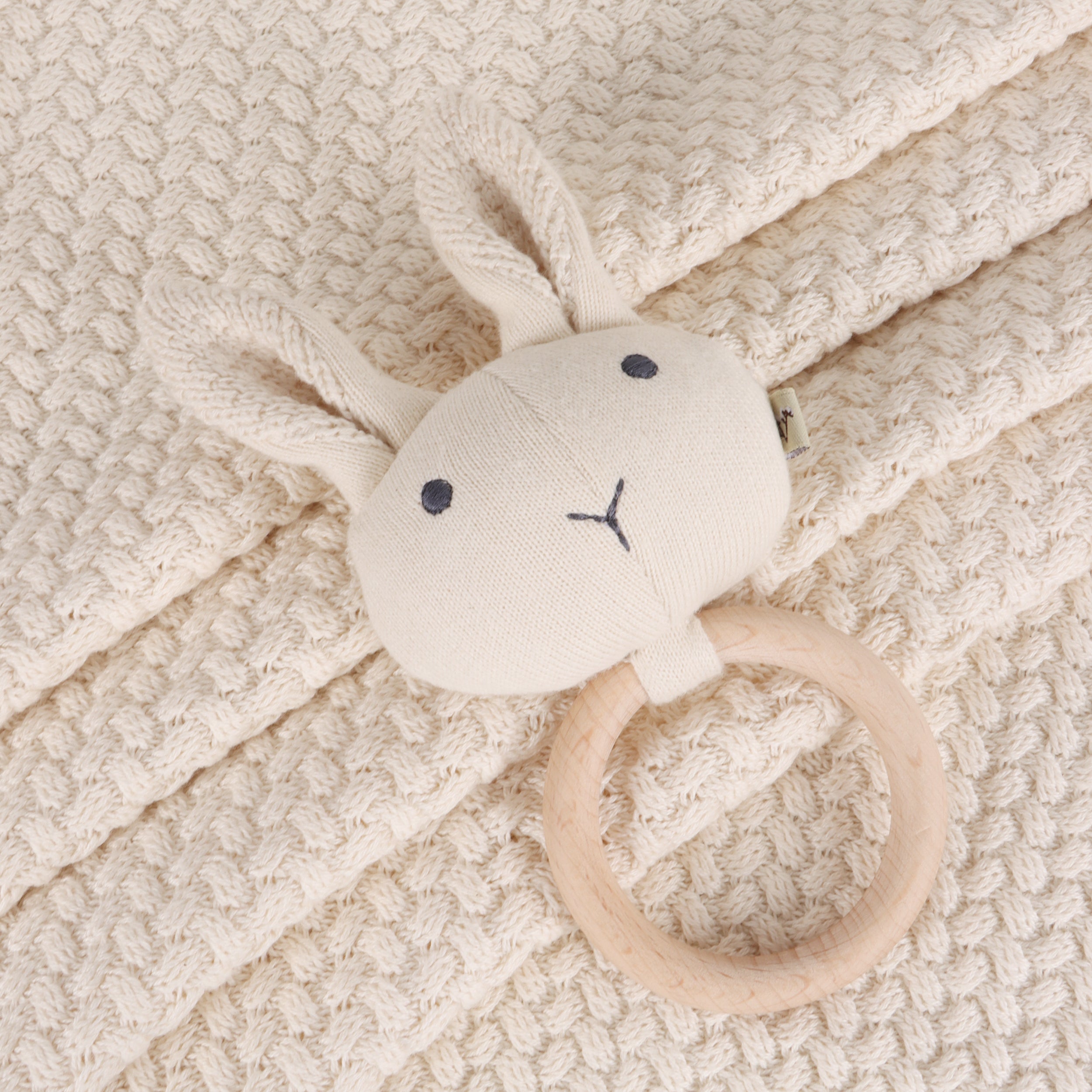 Classic Moss Knit Baby Blanket + Bunny Rattle Gift Set (Organic Cotton) - 3 Colors