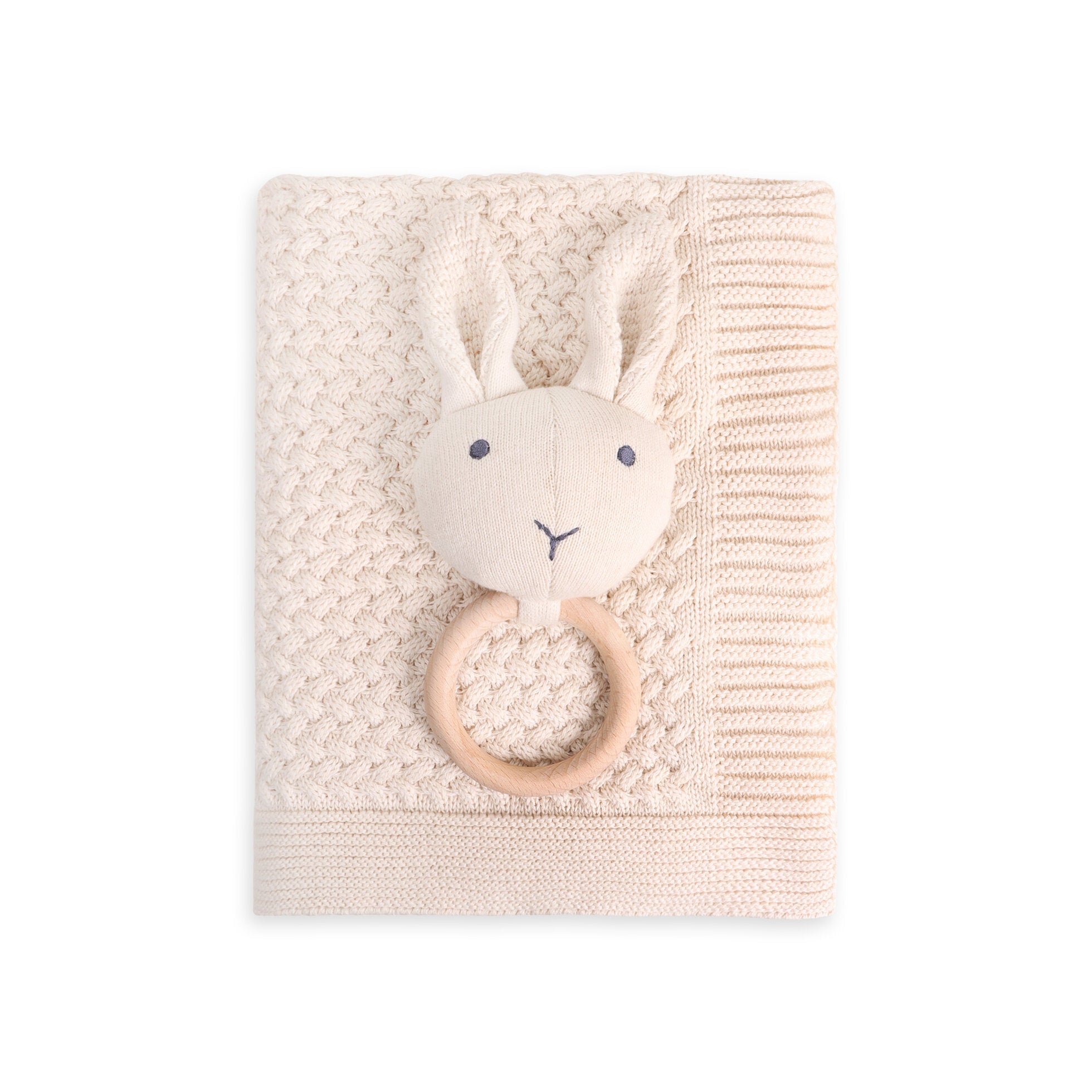 Classic Moss Knit Baby Blanket + Bunny Rattle Gift Set (Organic Cotton) - 3 Colors