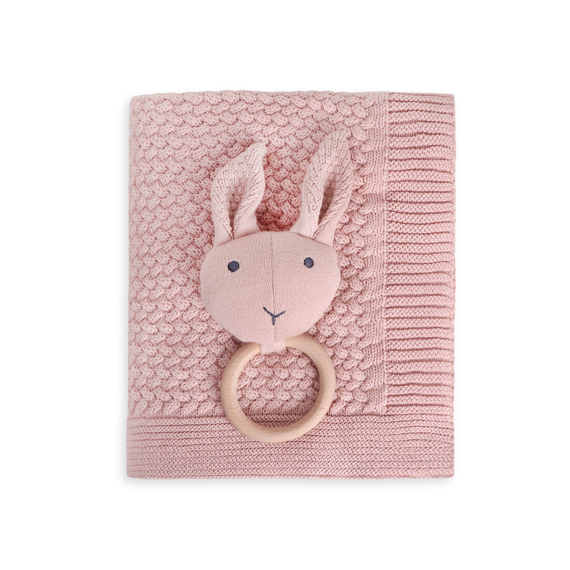 Classic Moss Knit Baby Blanket + Bunny Rattle Gift Set (Organic Cotton) - 3 Colors