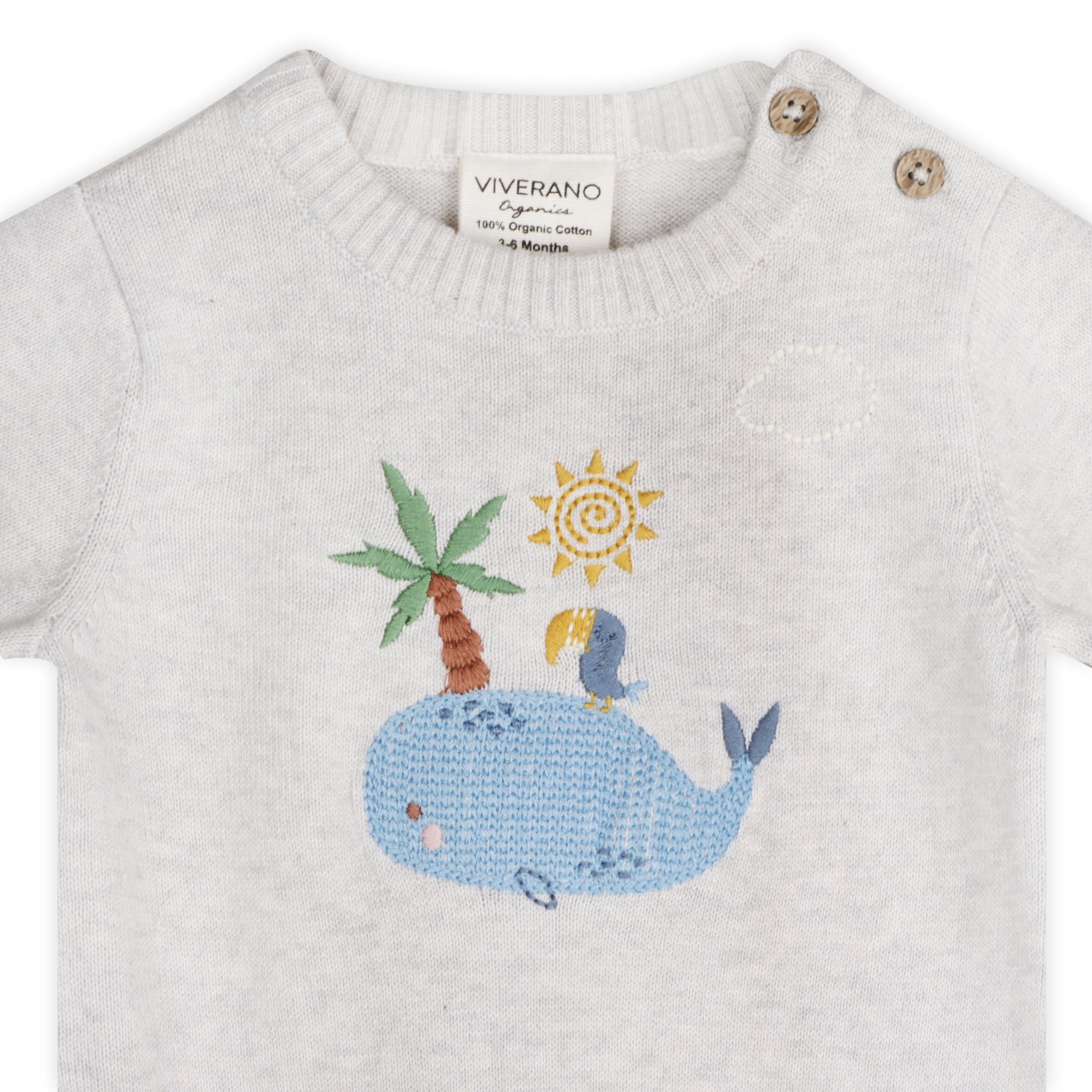 Whale & Bird Embroidered Knit Baby Romper (Organic Cotton)