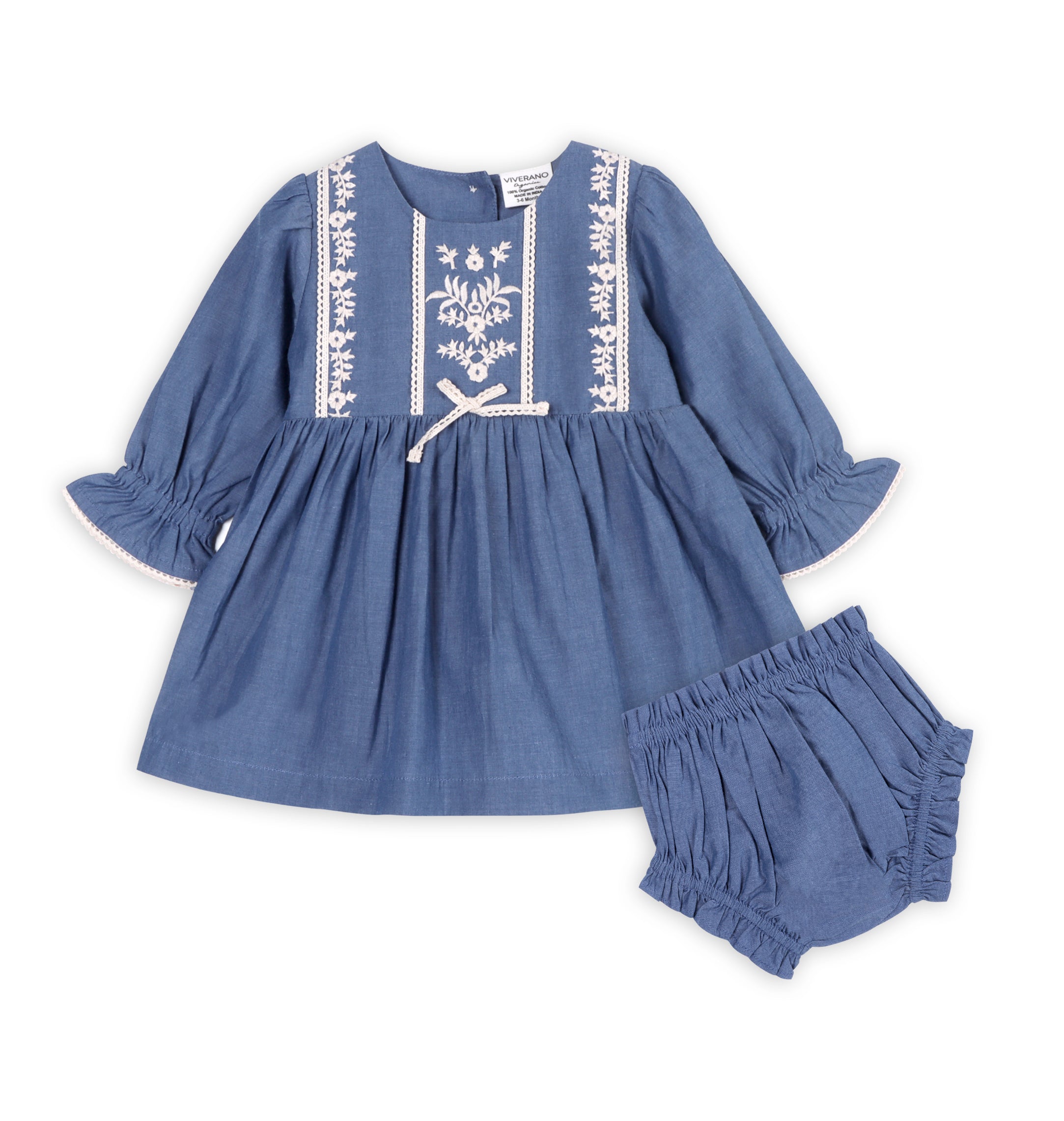 Hudson Soft Chambray Embroidered Baby Dress & Bloomer Set (Organic Cotton)