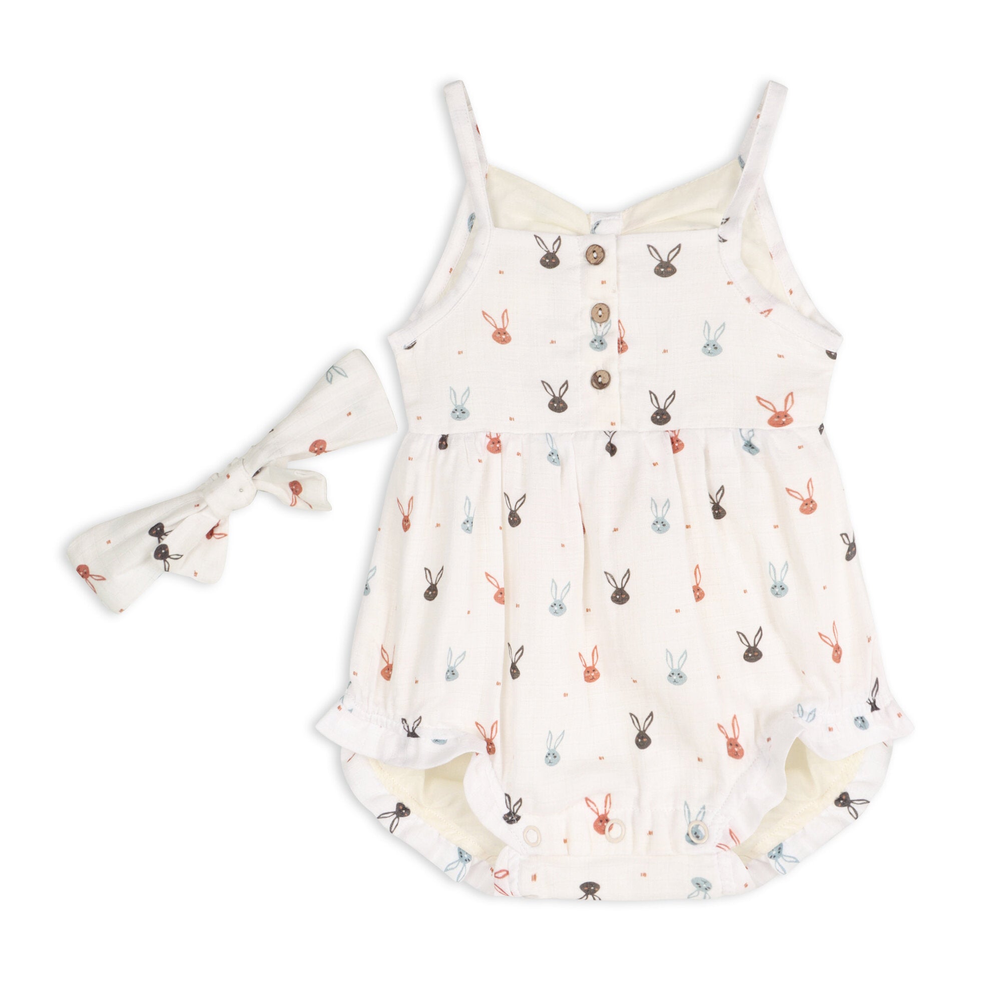 Mini Bunnies Strap & Ruffle Short Baby Romper + Headband (Organic Muslin)