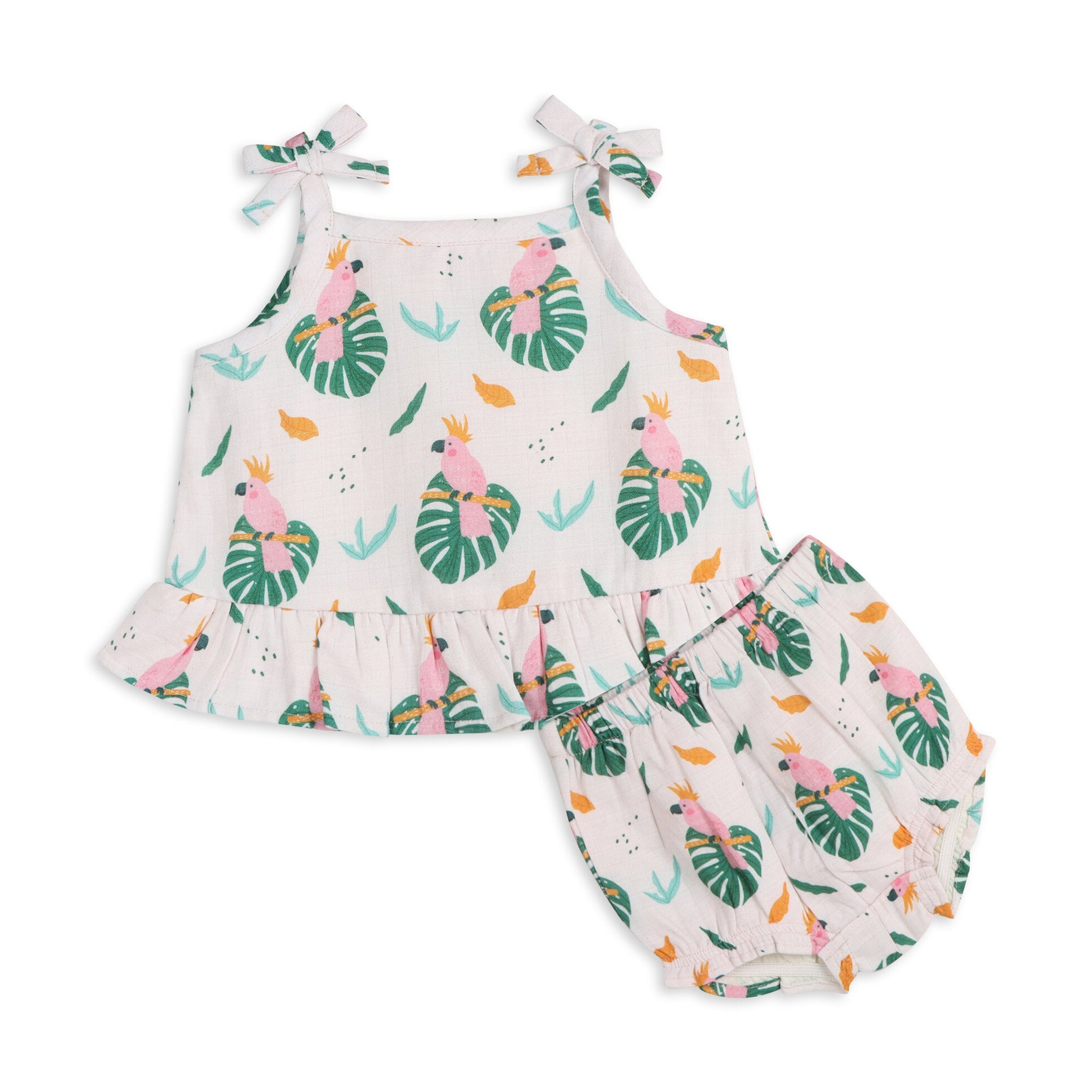 Parrot Shoulder Tie Baby Top + Bottom Set (Organic Muslin)