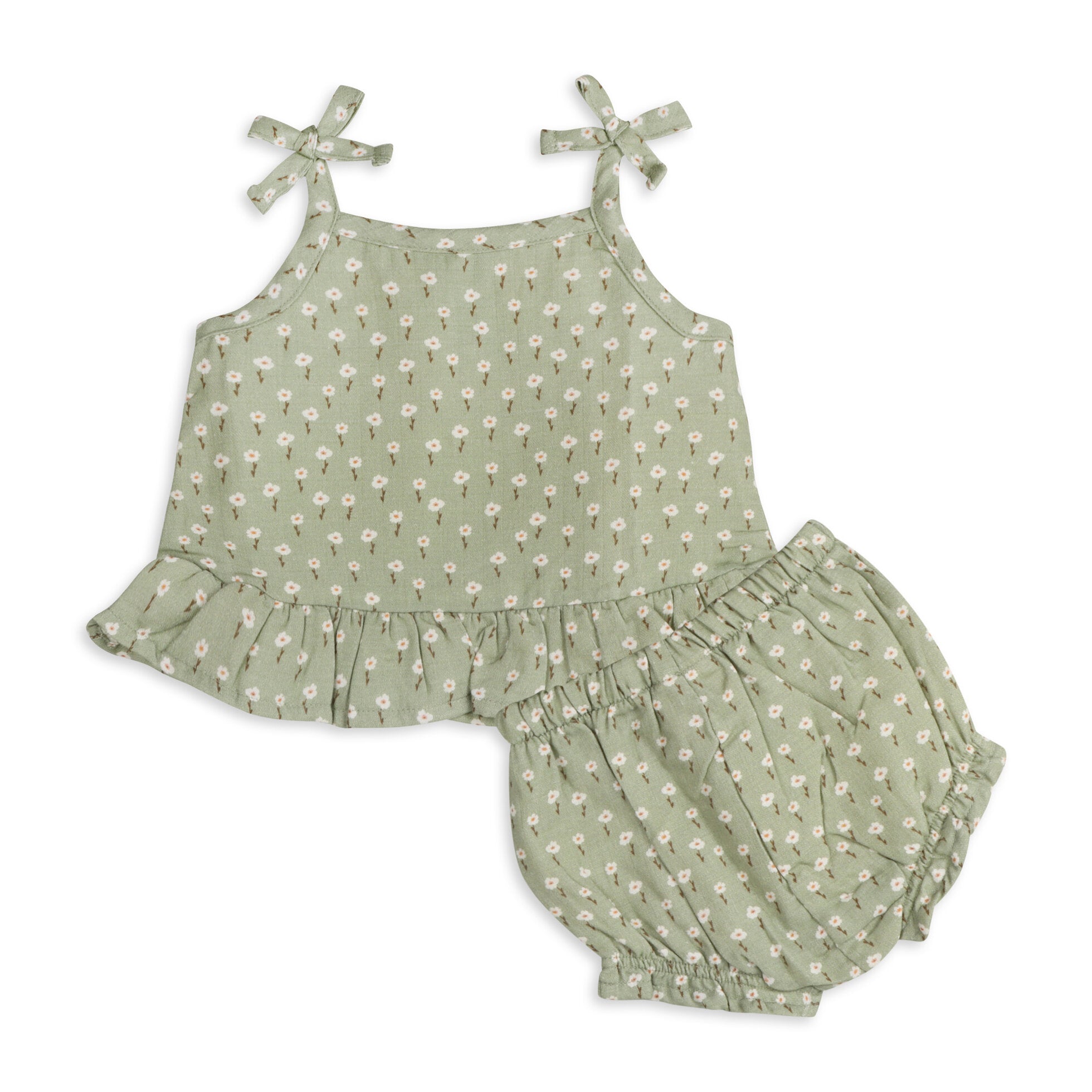 Sage Floral Shoulder Tie Baby Shirt Top + Shorts Set (Organic Muslin)