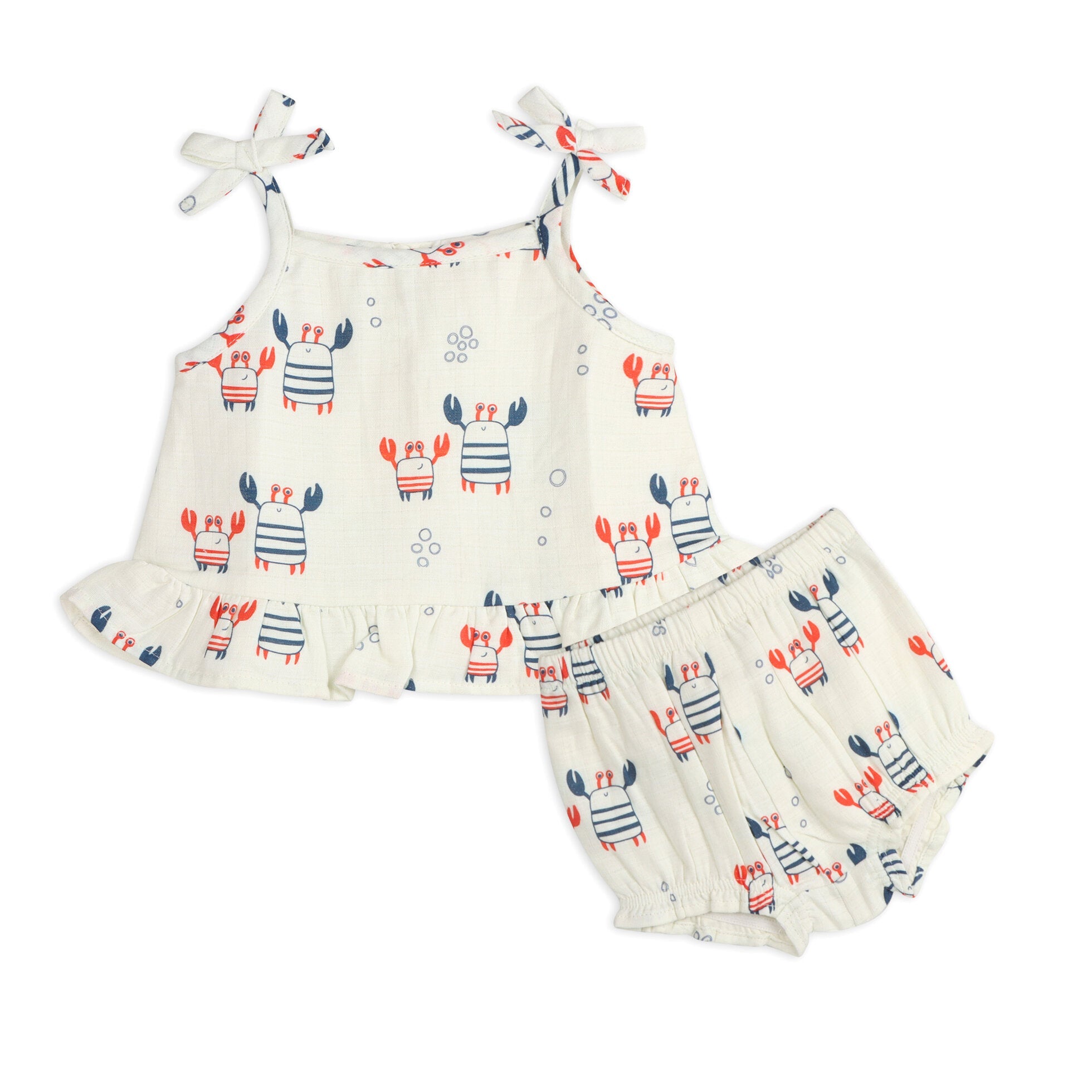 Nautical Crab Shoulder Tie Baby Top + Bloomer Set (Organic Muslin)