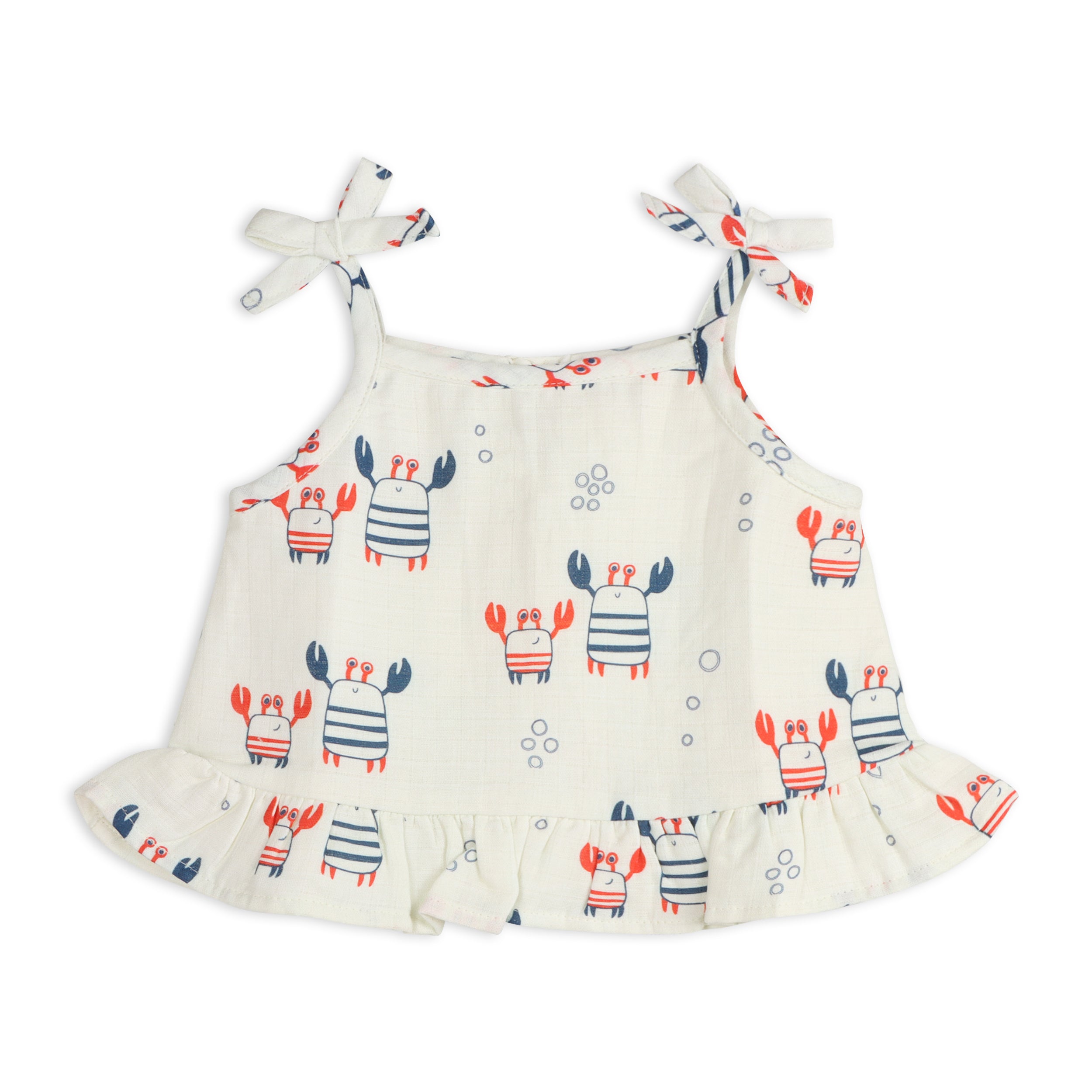 Nautical Crab Shoulder Tie Baby Top + Bloomer Set (Organic Muslin)