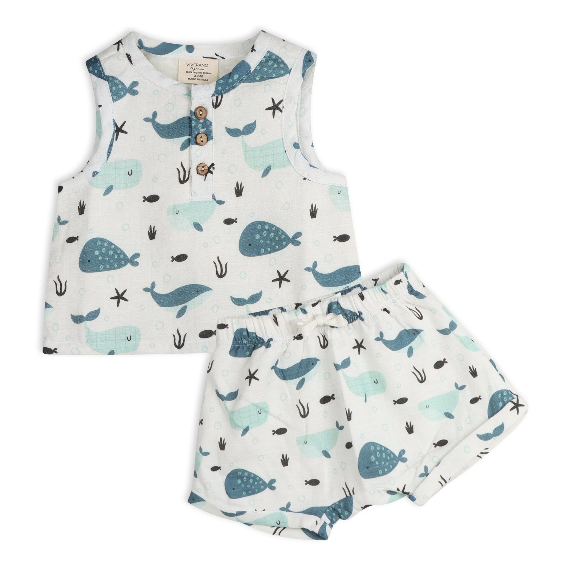 Whales Sleeveless Shirt Top + Shorts Set (Organic Muslin)