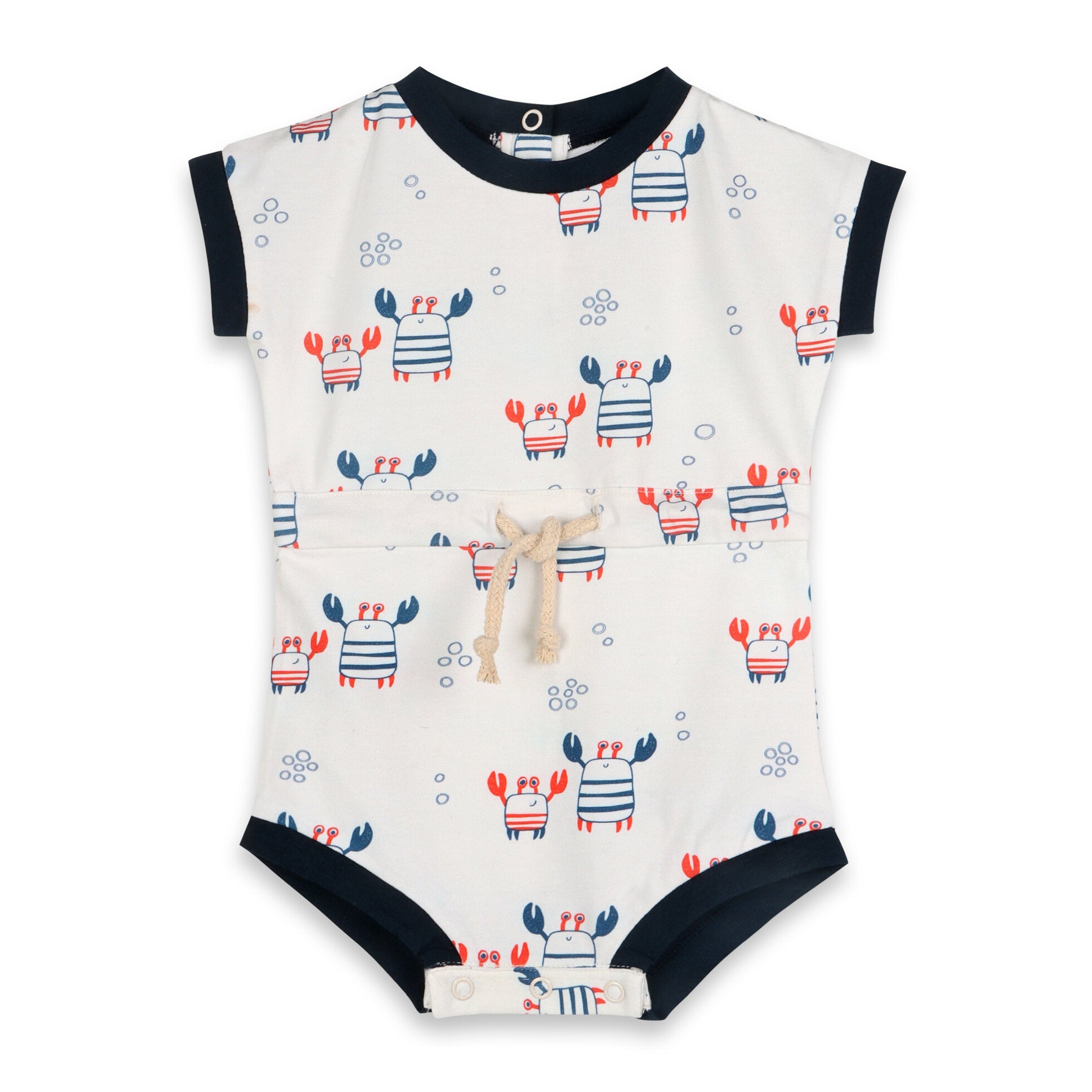 Nautical Crab Waist Tie Short Baby Romper (Organic Jersey)