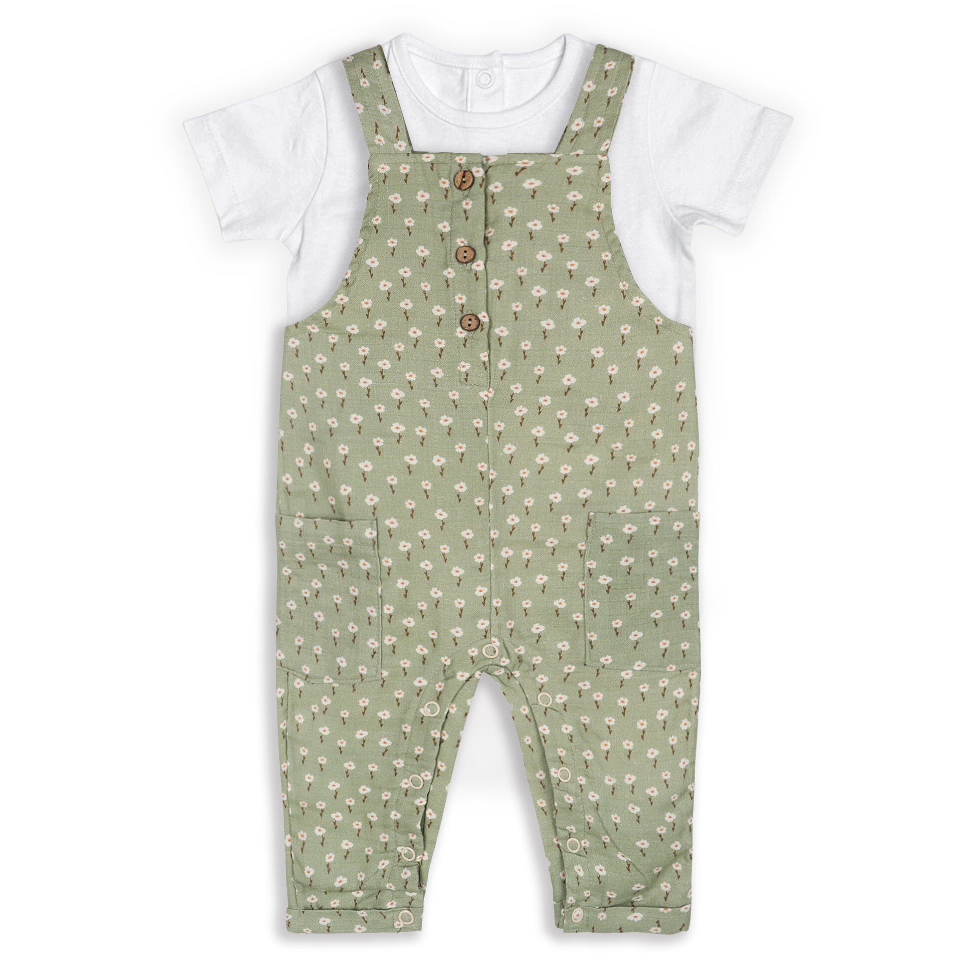 Sage Floral Baby Dungaree + Bodysuit Set (Organic Muslin)