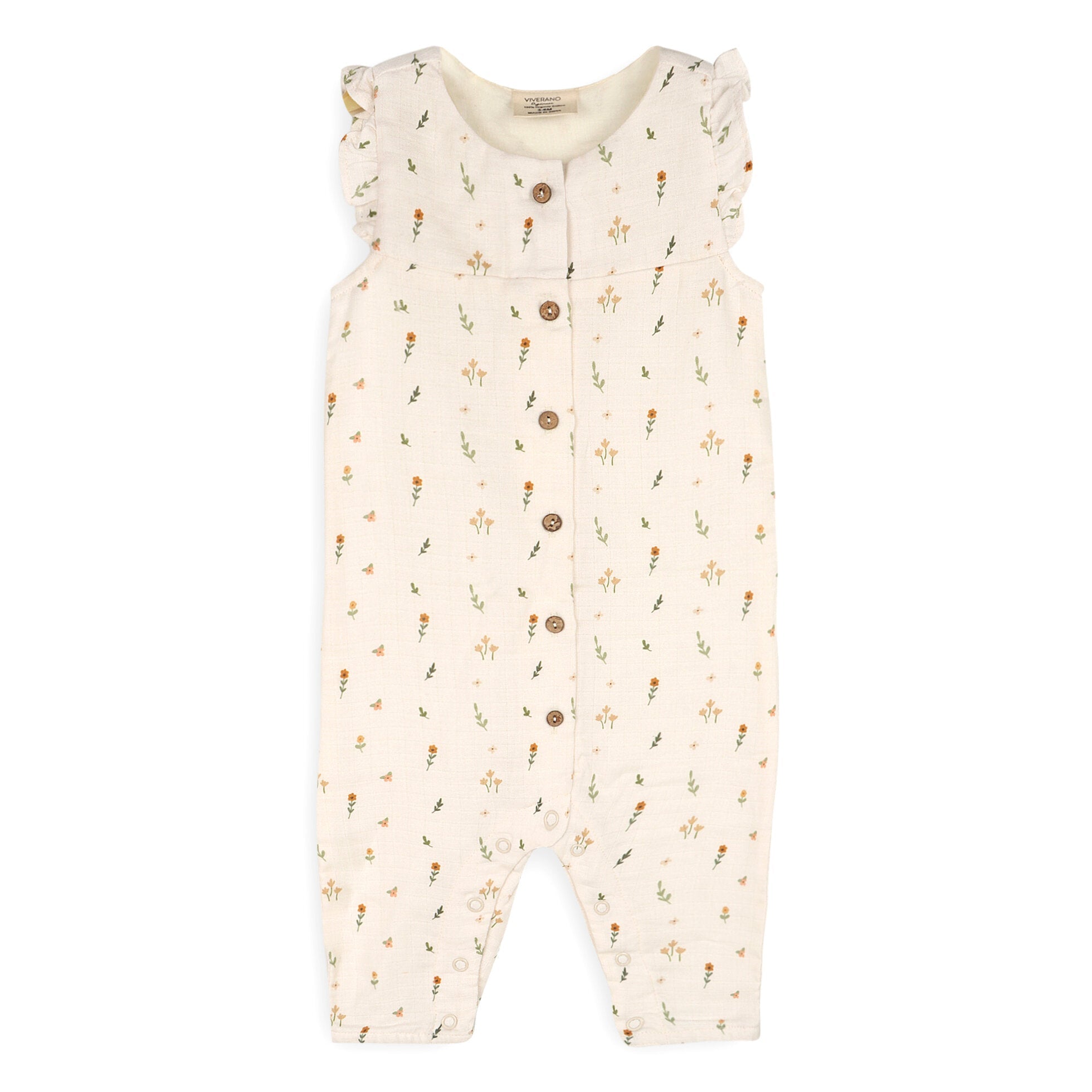 Boho Floral Ruffle & Button Baby Sleeveless Jumpsuit (Organic Muslin)