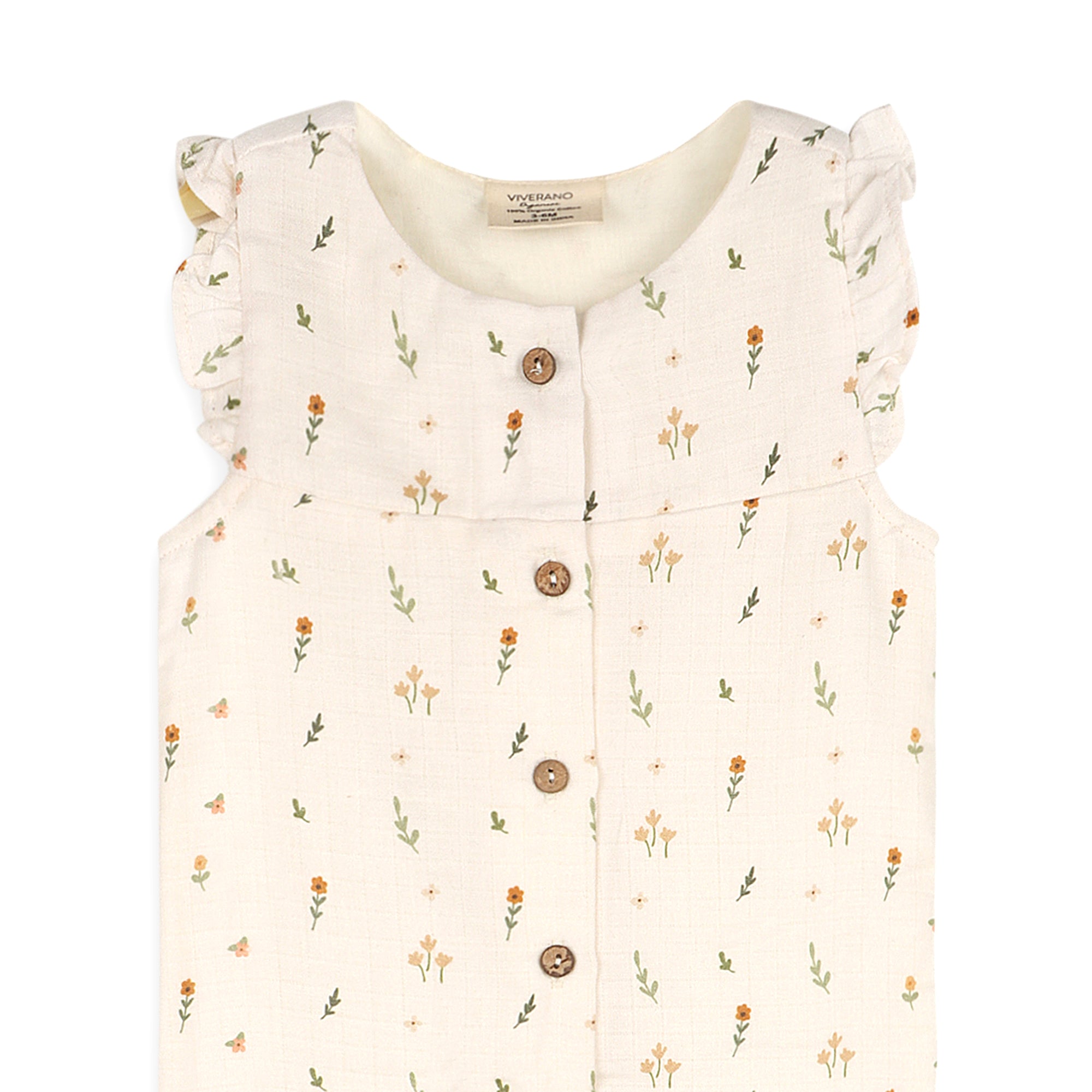 Boho Floral Ruffle & Button Baby Sleeveless Jumpsuit (Organic Muslin)