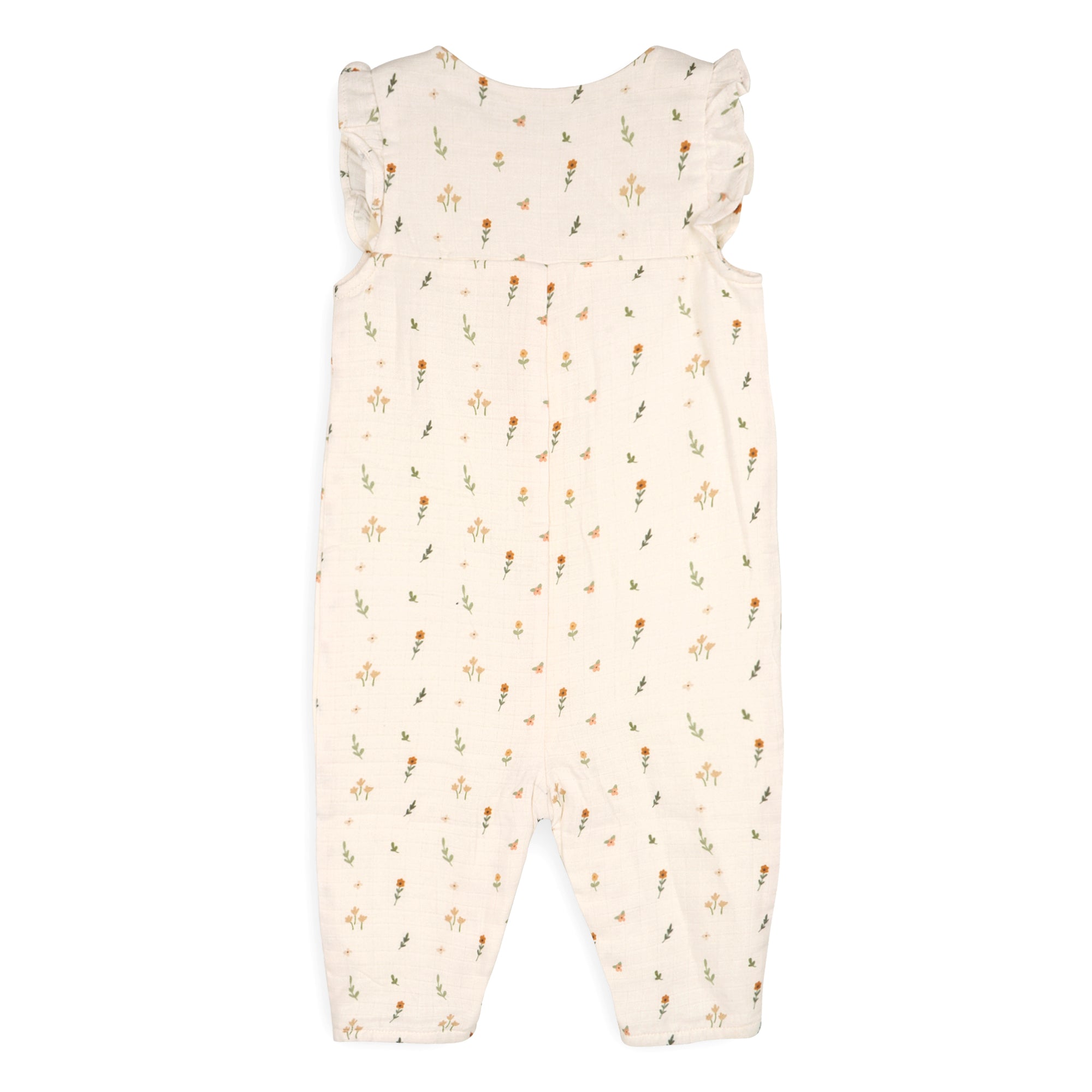 Boho Floral Ruffle & Button Baby Sleeveless Jumpsuit (Organic Muslin)
