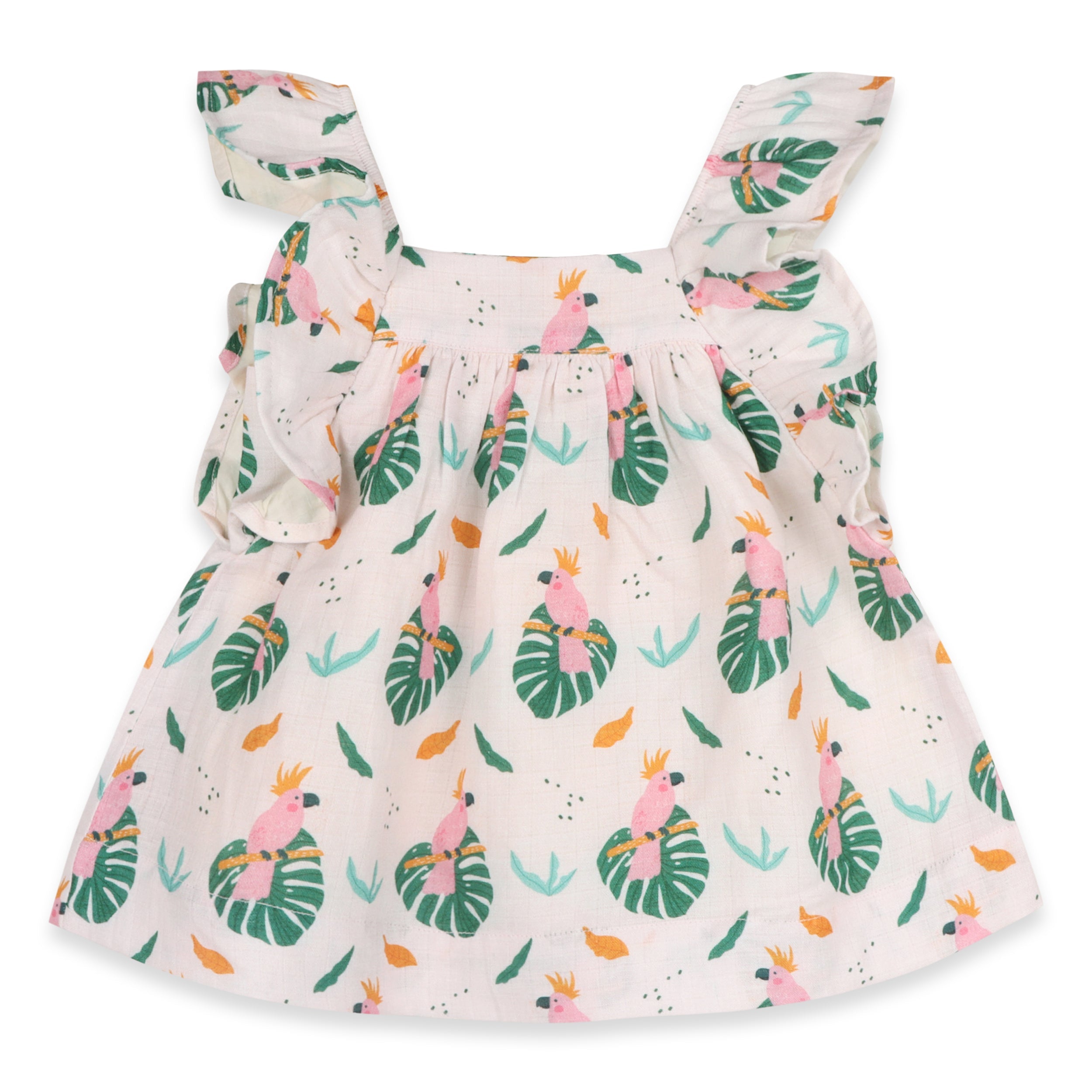 Parrot Ruffle Sleeve Baby Dress + Bloomer Set (Organic Muslin)