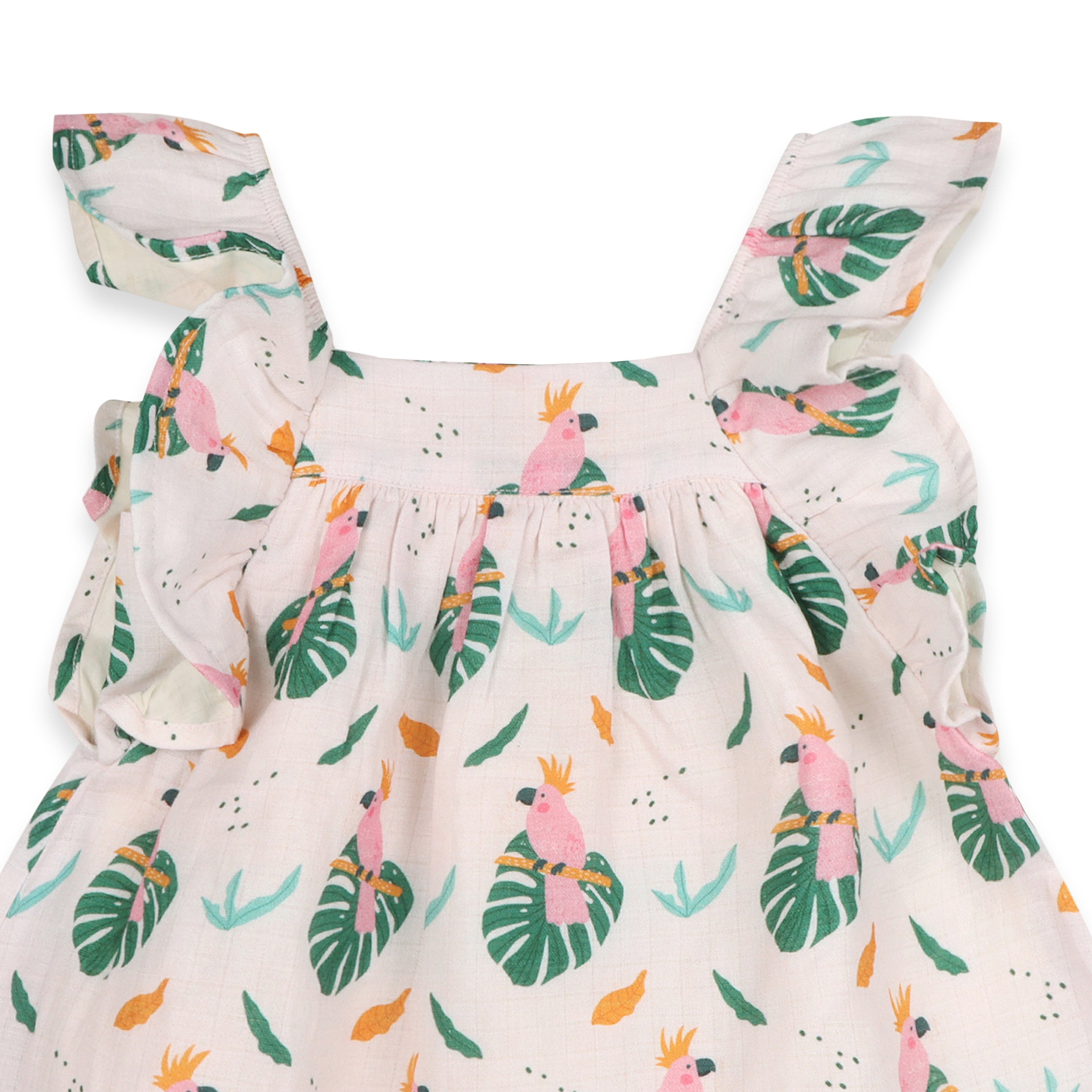 Parrot Ruffle Sleeve Baby Dress + Bloomer Set (Organic Muslin)