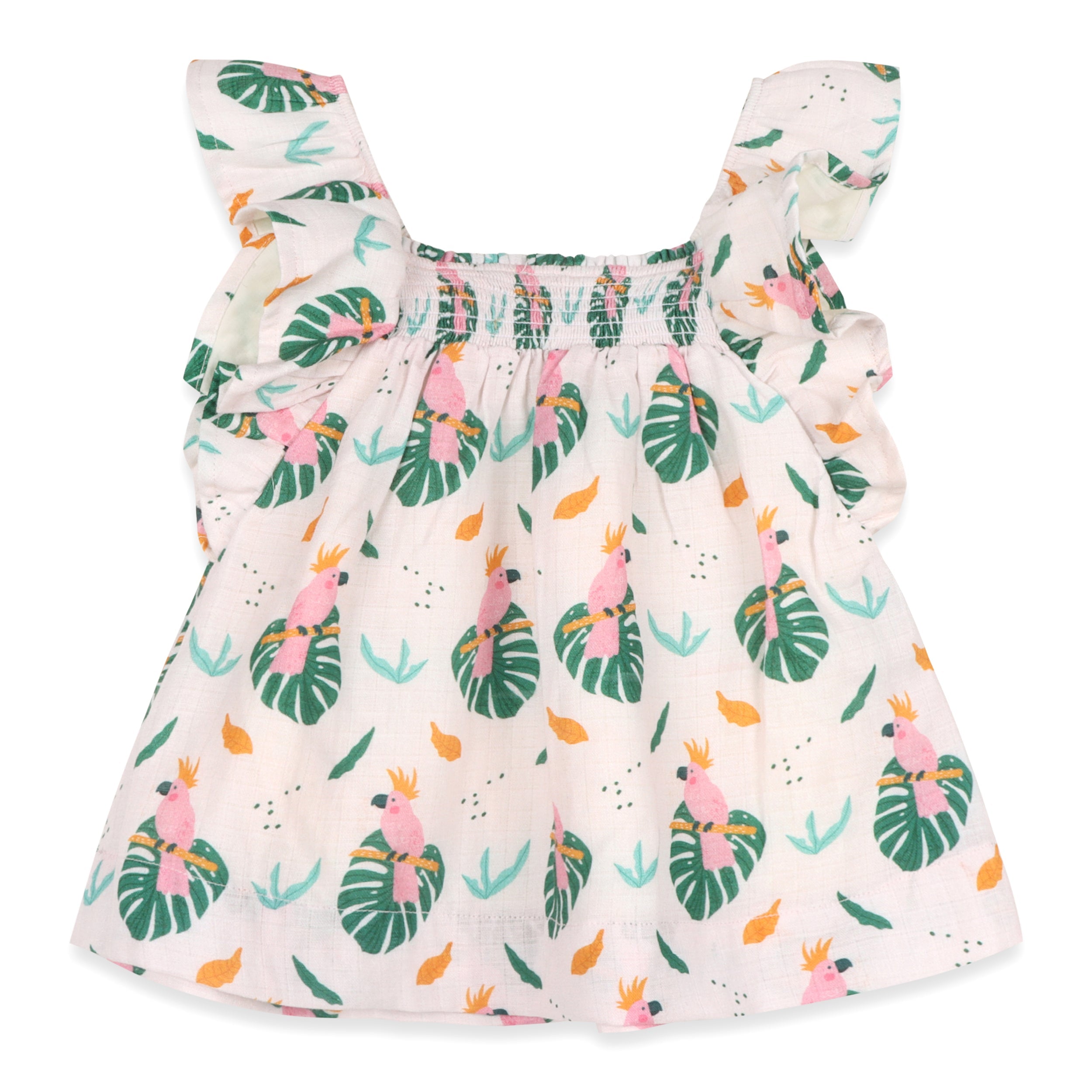 Parrot Ruffle Sleeve Baby Dress + Bloomer Set (Organic Muslin)