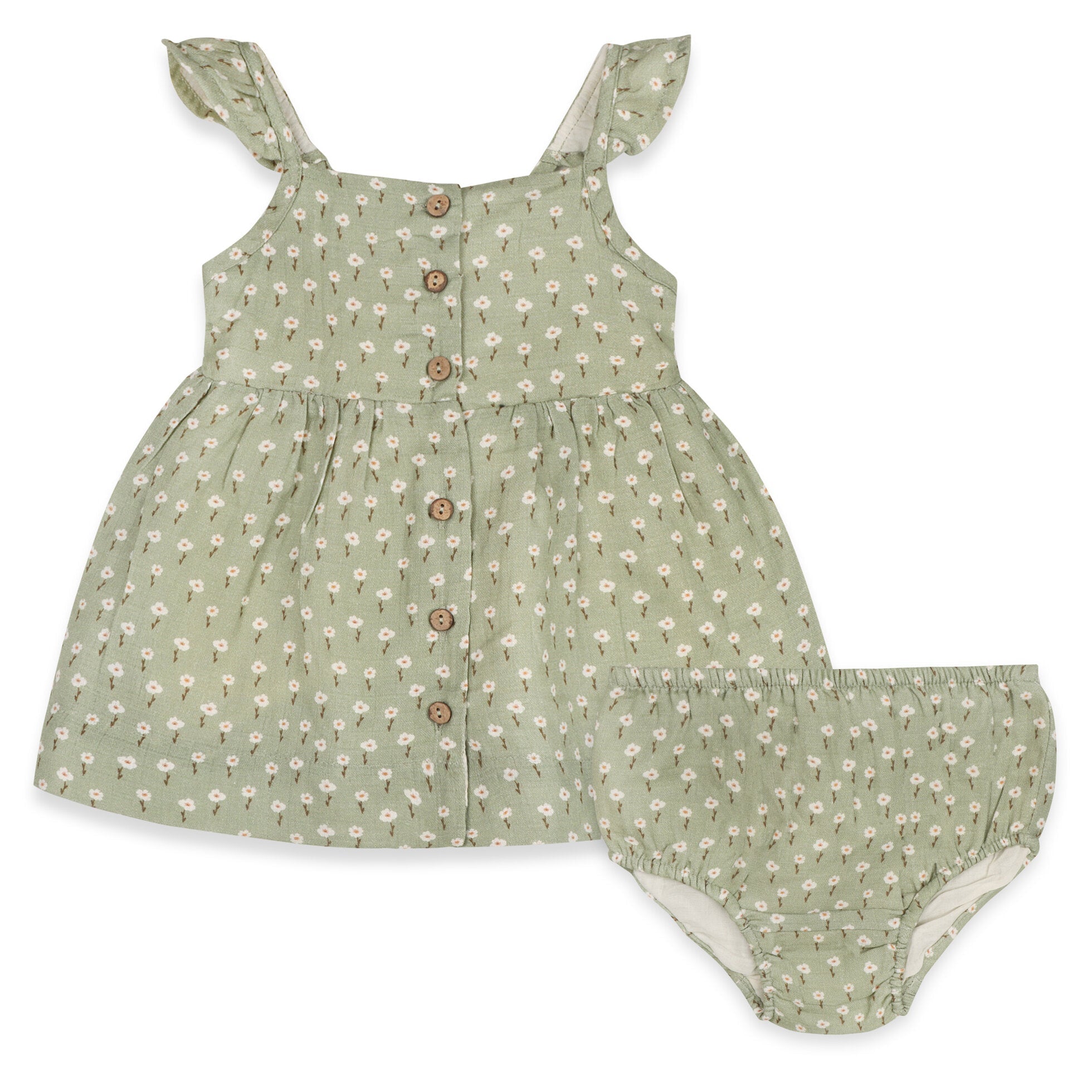 Sage Floral Ruffle Baby Dress + Bloomer Set (Organic Muslin)