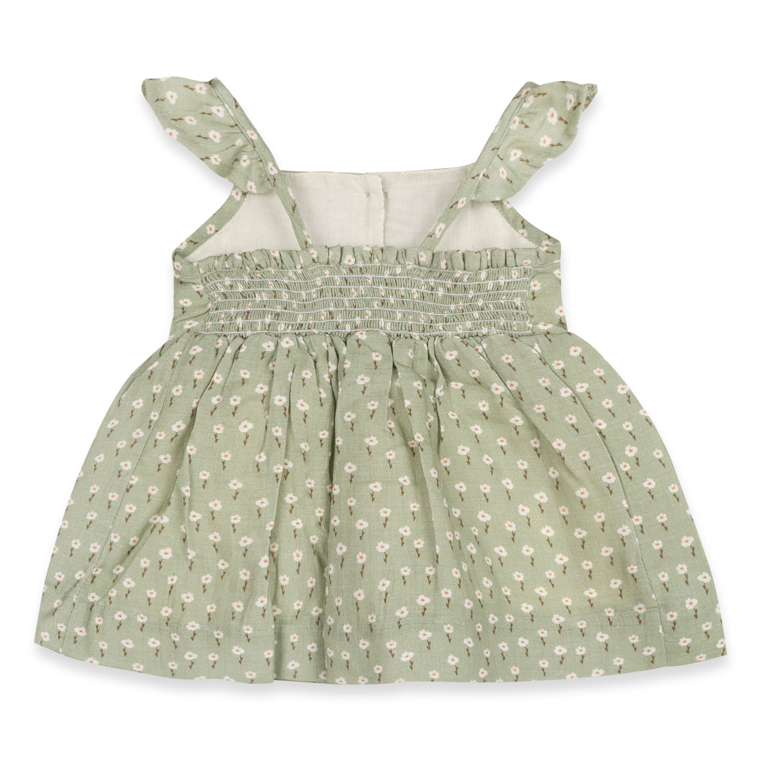Sage Floral Ruffle Baby Dress + Bloomer Set (Organic Muslin)