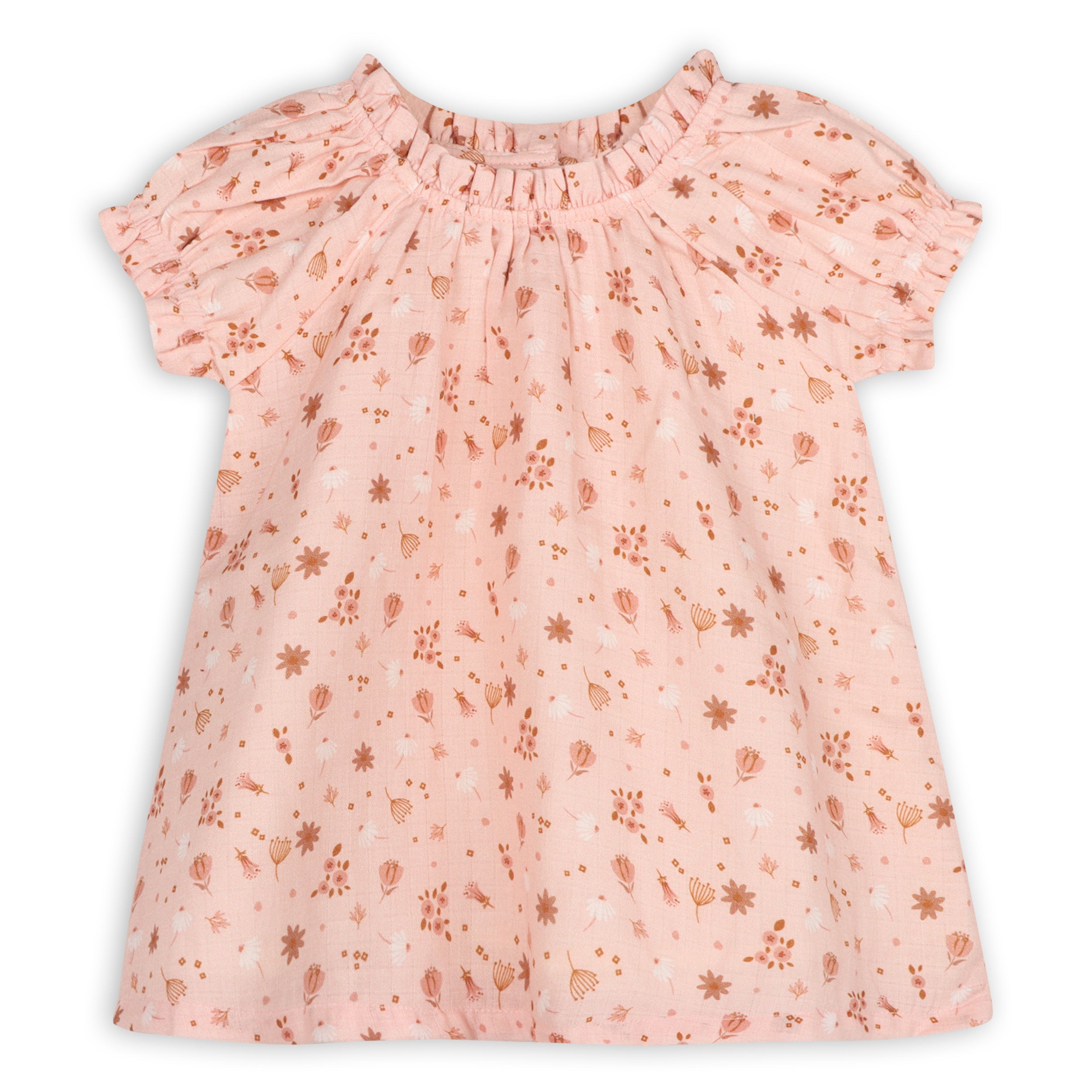Pink Floral Puff Sleeve Baby Dress + Bloomer Set (Organic Muslin)