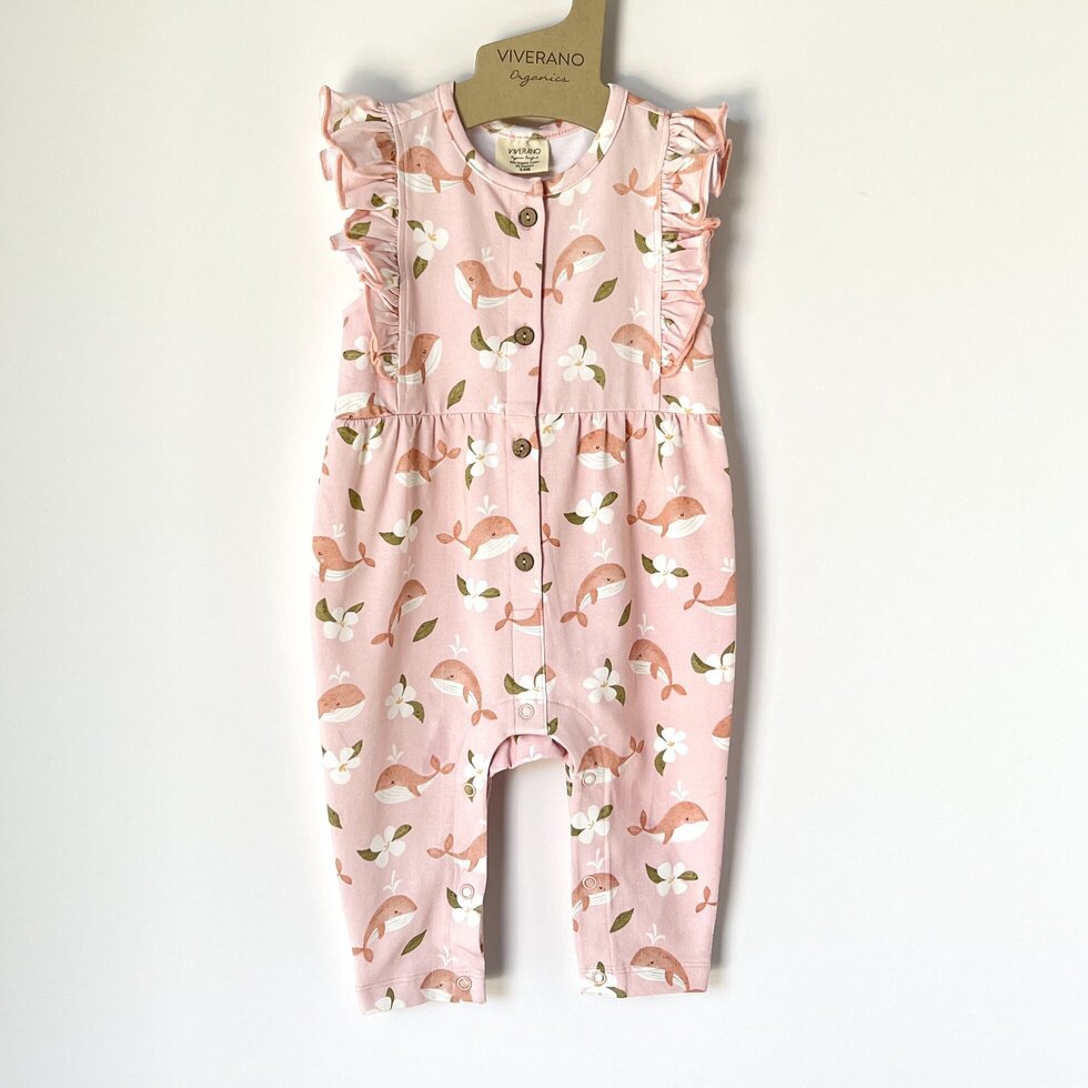 Gardenia Whales Ruffle & Button Baby Jumpsuit (Organic Jersey)