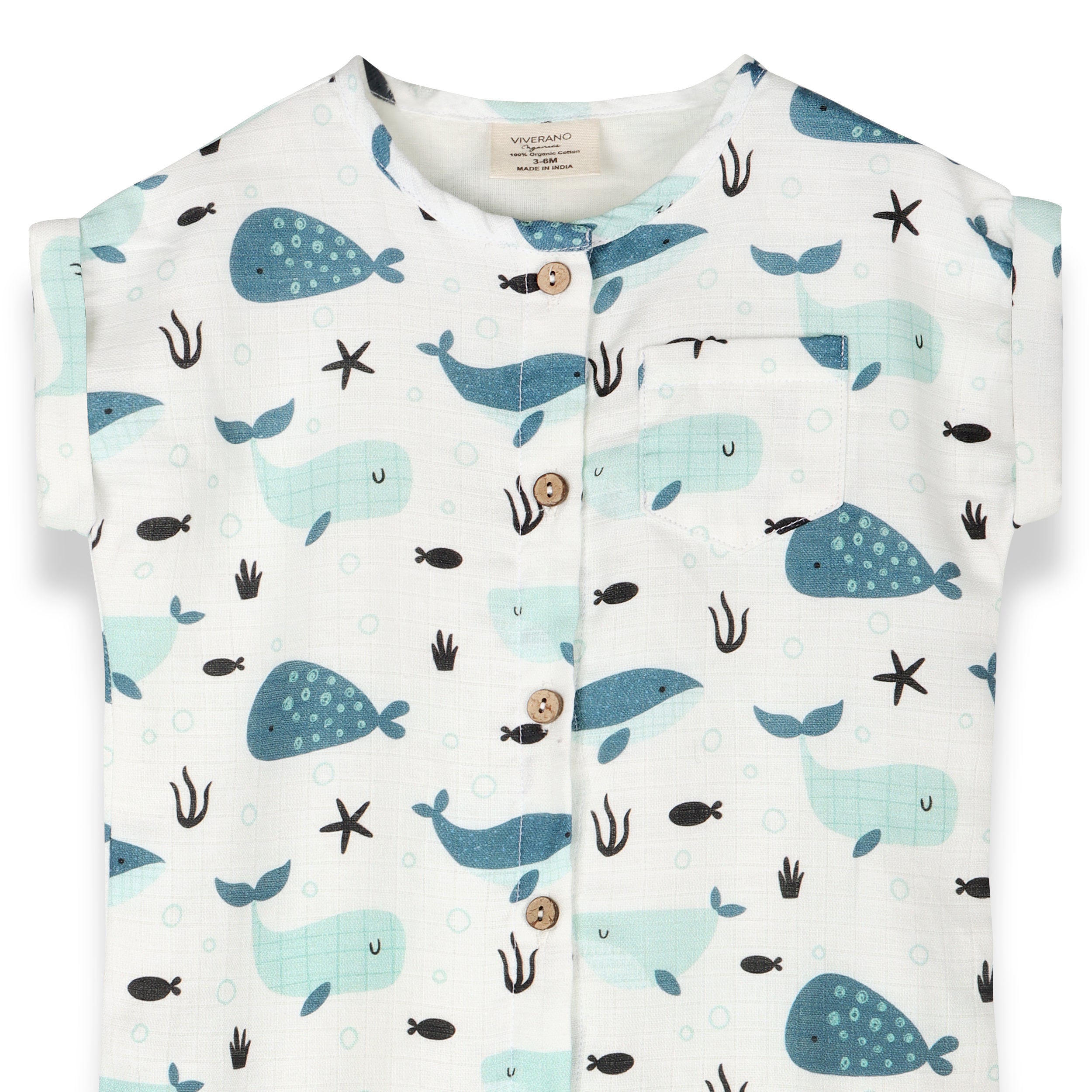 Whales Rolled Short Sleeve Baby Jumpsuit (Organic Muslin)
