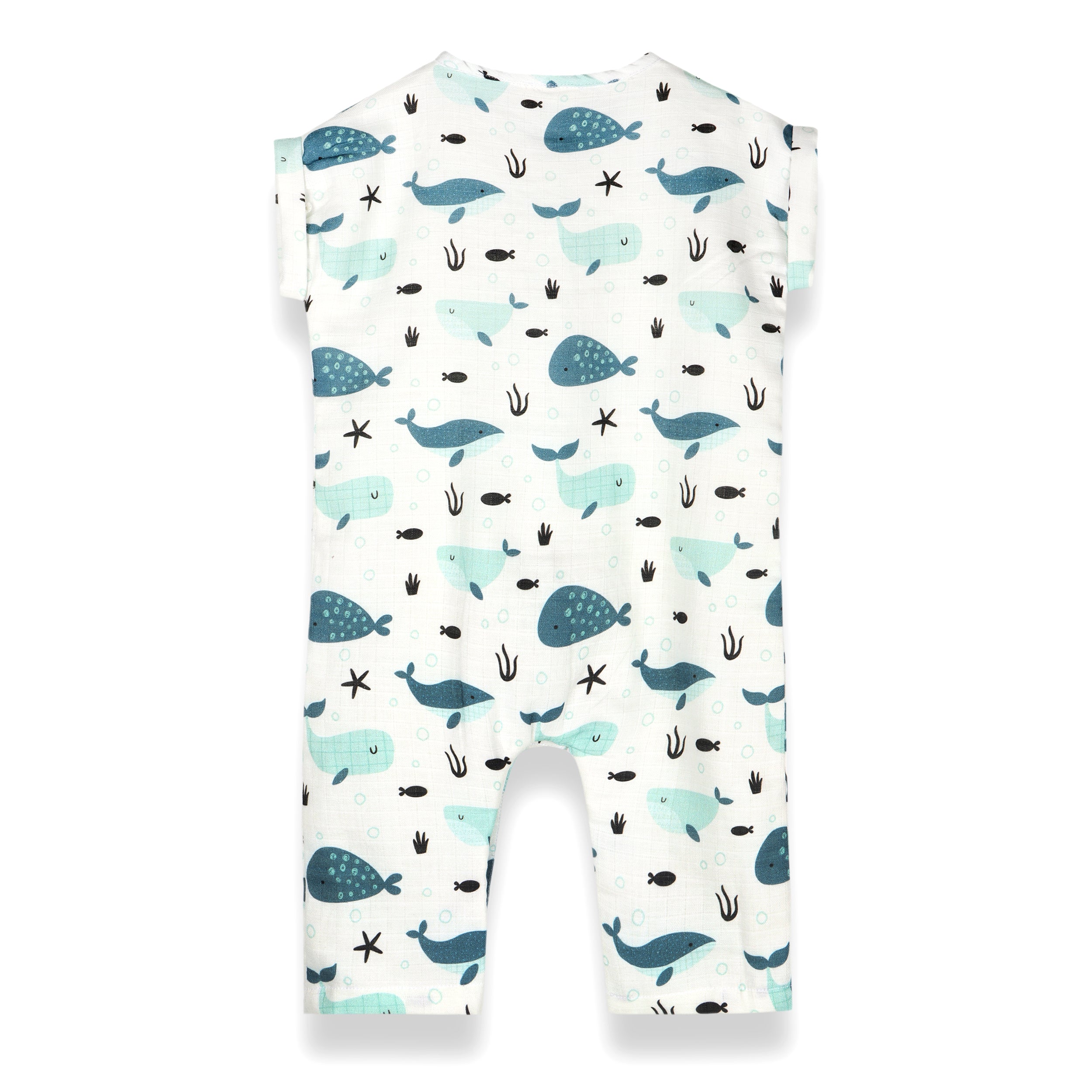 Whales Rolled Short Sleeve Baby Jumpsuit (Organic Muslin)