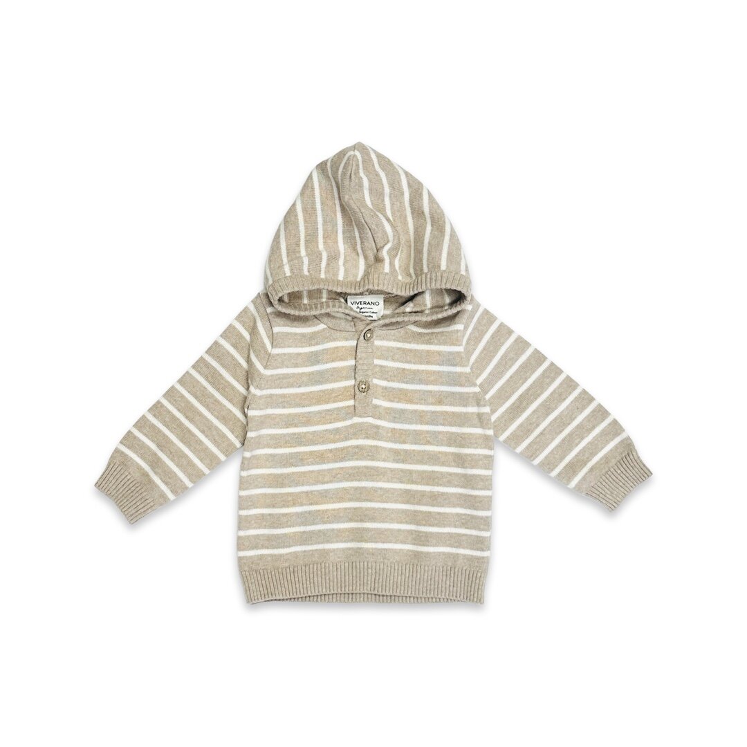 Tan Heather - Stripe Hooded Sweater Knit Baby Pullover (Organic Cotton)