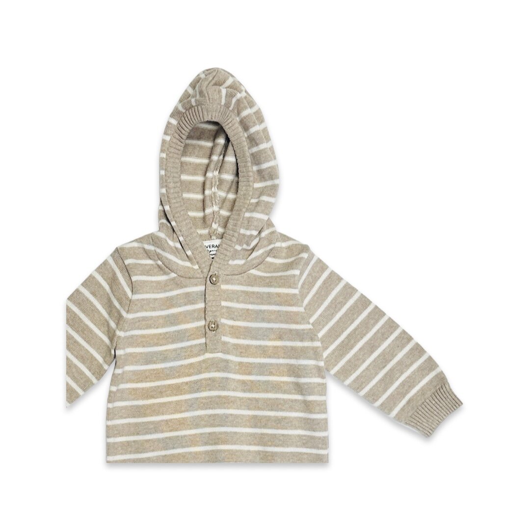 Tan Heather - Stripe Hooded Sweater Knit Baby Pullover (Organic Cotton)