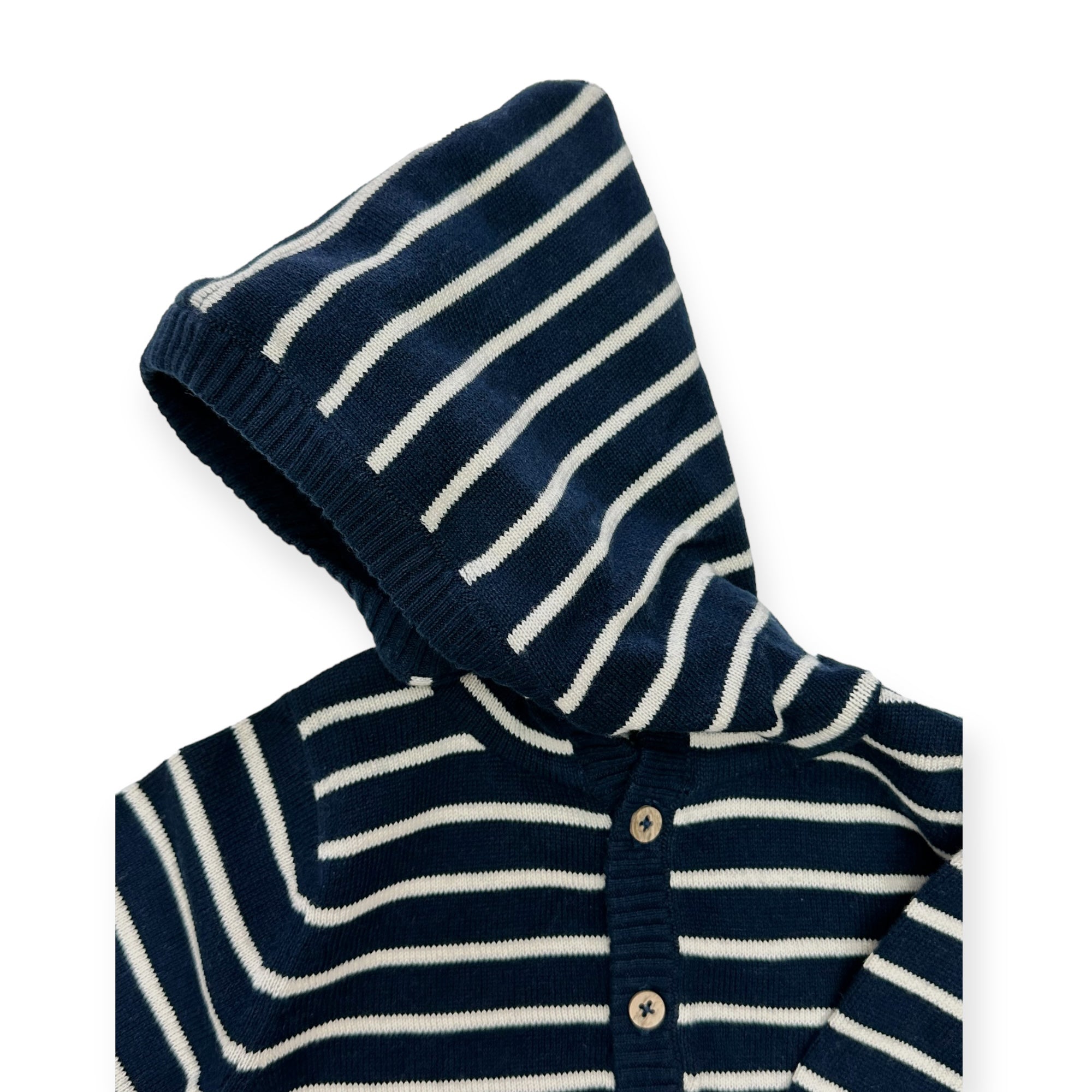 Navy Blue - Stripe Hooded Sweater Knit Baby Pullover (Organic Cotton)