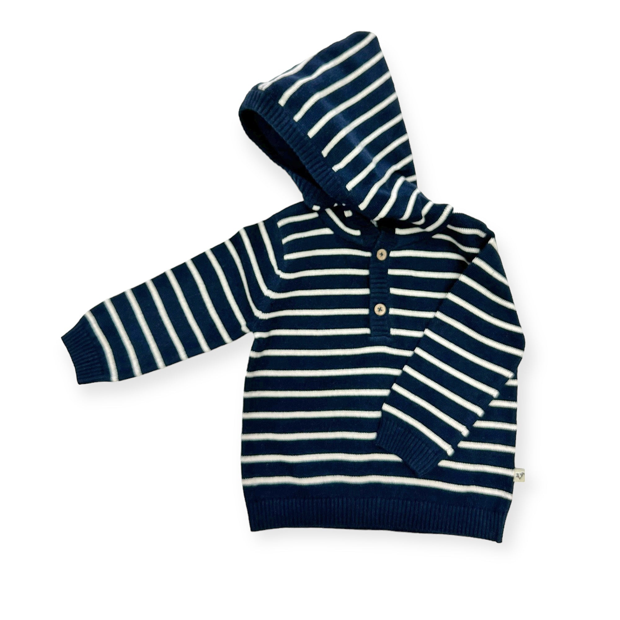 Navy Blue - Stripe Hooded Sweater Knit Baby Pullover (Organic Cotton)