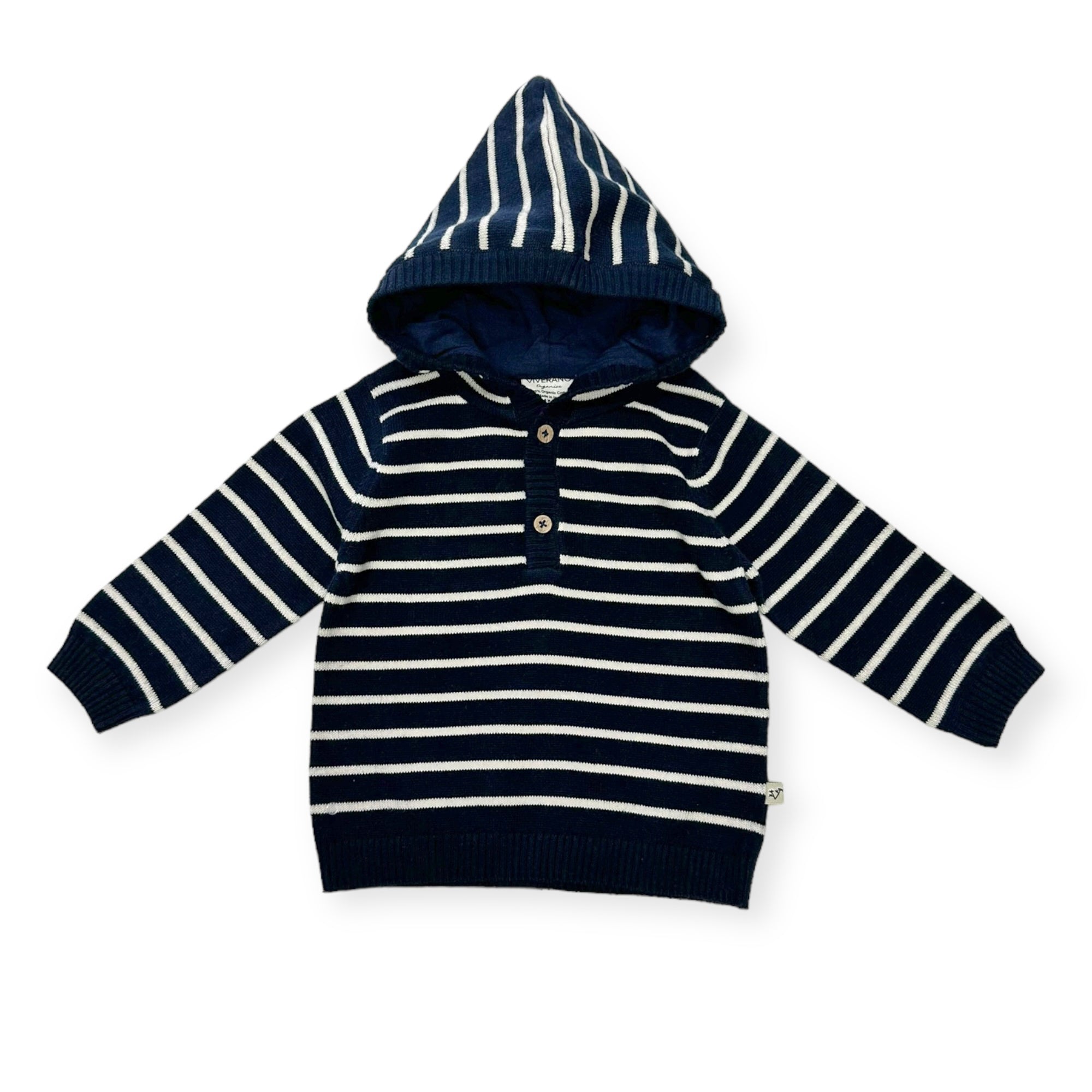 Navy Blue - Stripe Hooded Sweater Knit Baby Pullover (Organic Cotton)