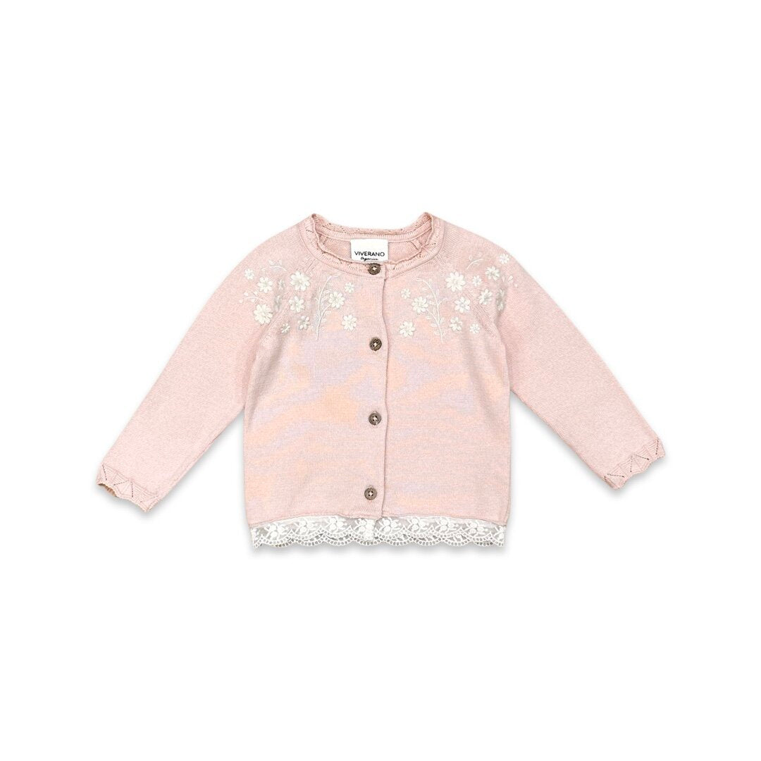 Floral Embroidered Baby Cardigan with Lace Trim (Organic Cotton) - 2 Colors
