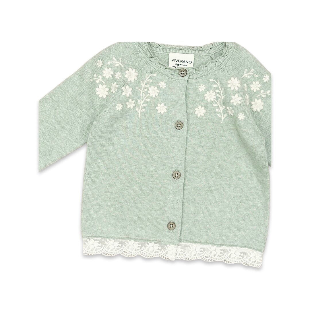 Floral Embroidered Baby Cardigan with Lace Trim (Organic Cotton) - 2 Colors