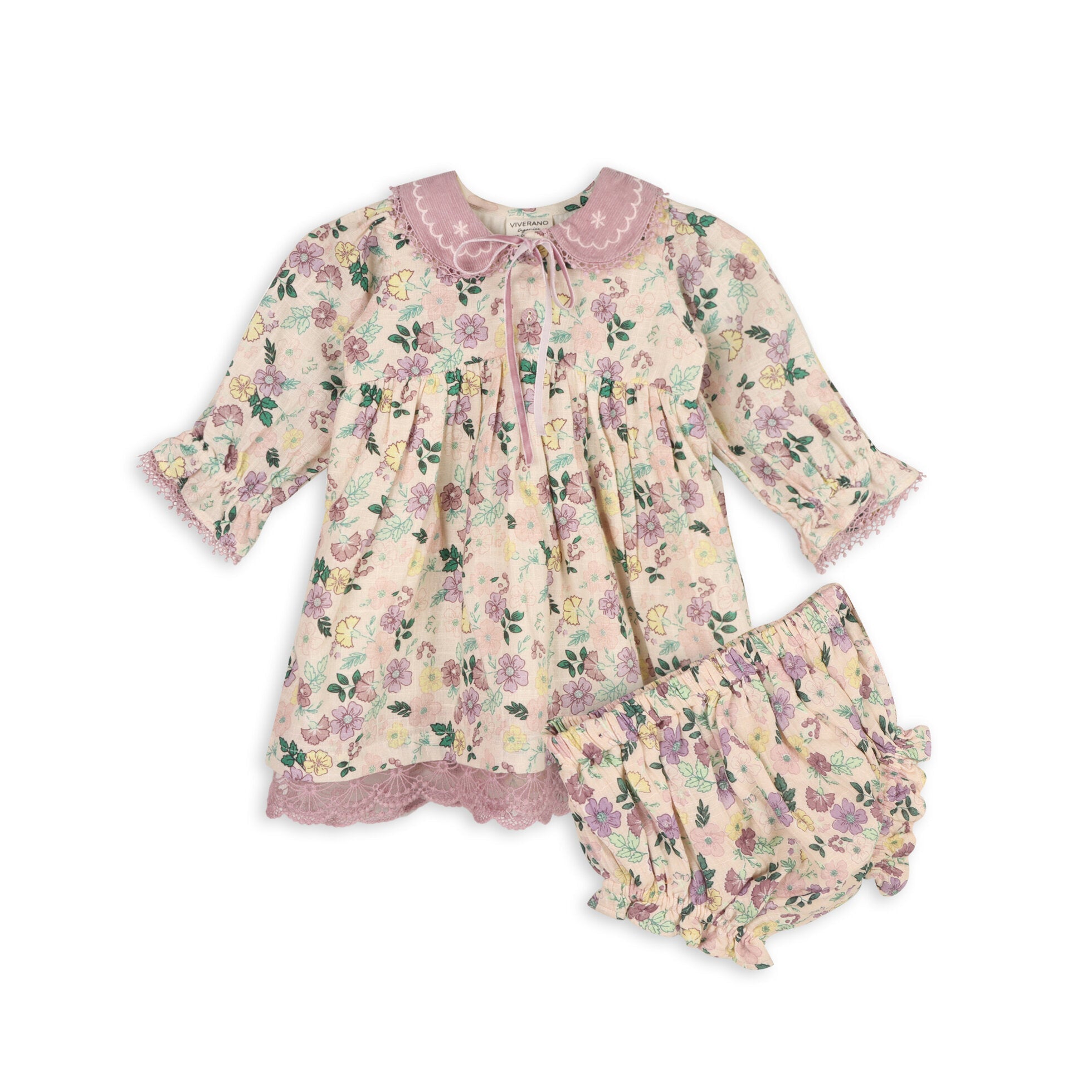 Floral Embroidered Collar Baby Flare Dress & Fancy Bloomer Set (Organic)