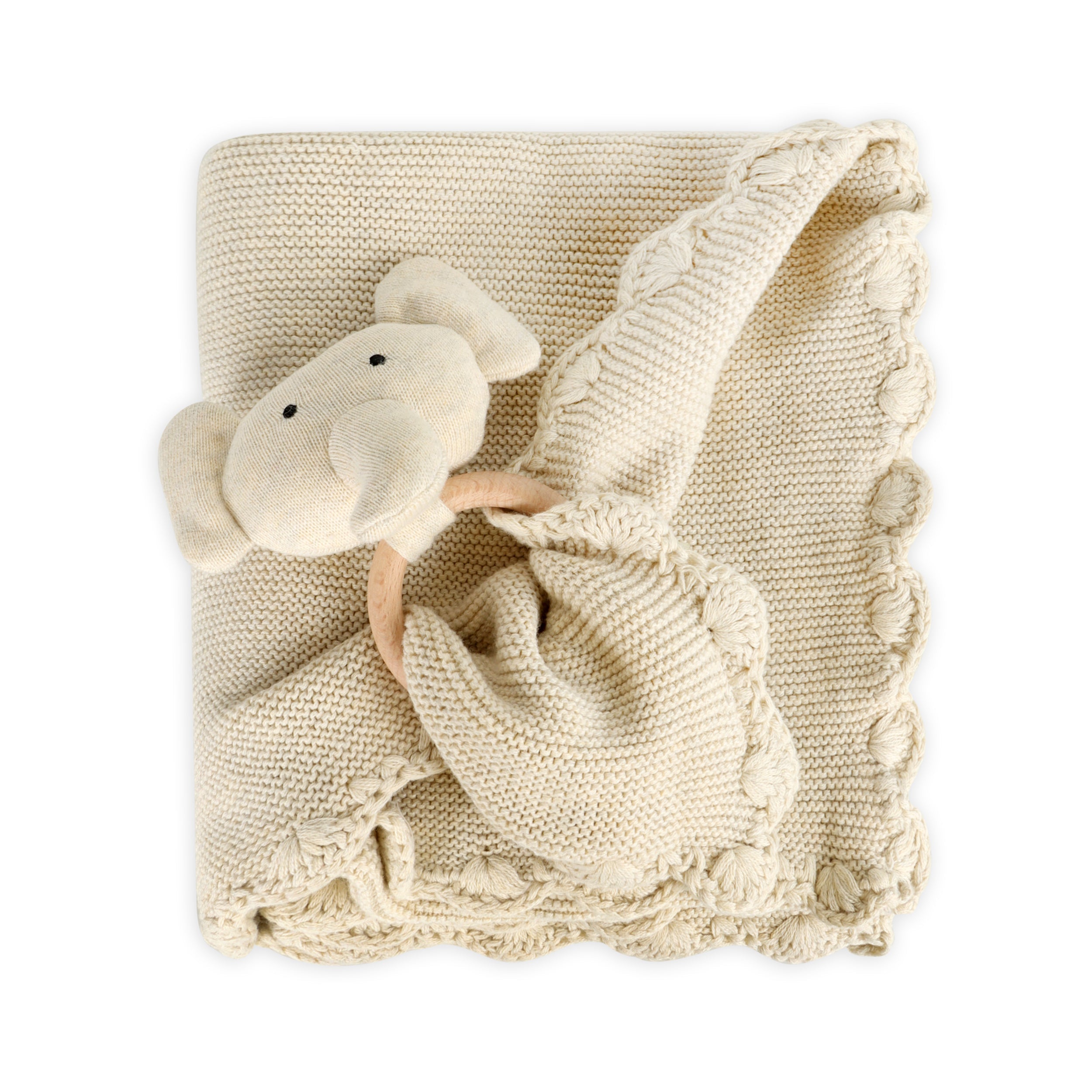 Scallop Edge Classic Knit Baby Blanket + Elephant Rattle Gift Set (Organic Cotton)