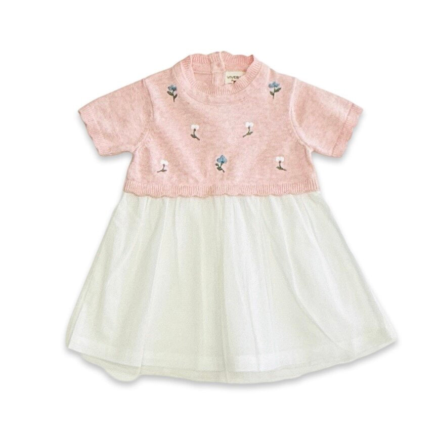 Floral Embroidered Short Sleeve Tutu Baby Knit Dress (Organic Cotton)