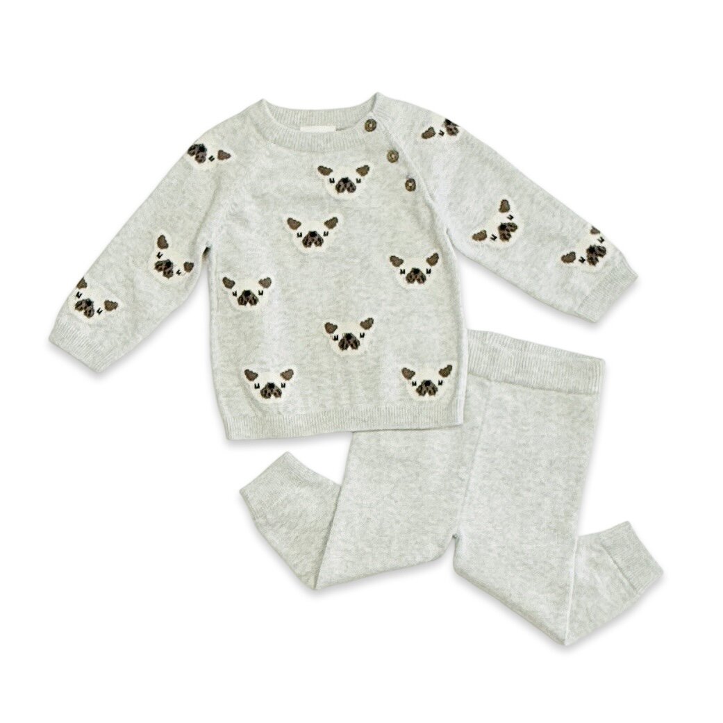 Frenchie Puppy Jacquard Organic Cotton Baby Sweater & Pant Set
