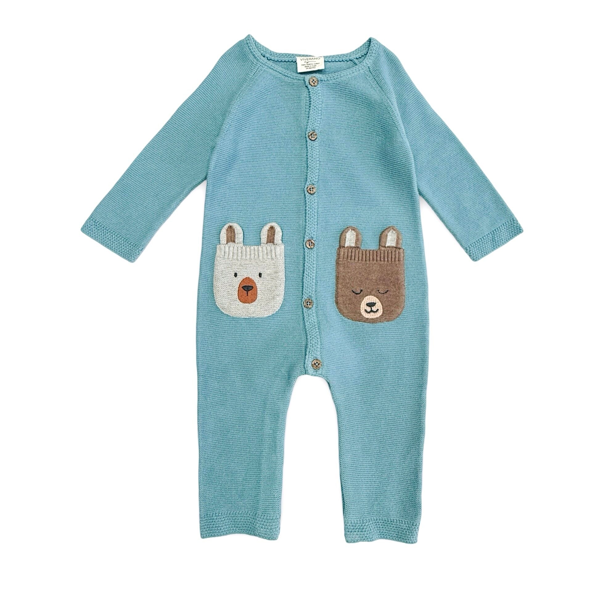 Bear Embroidered Pocket Sweater Knit Baby Jumpsuit (Organic Cotton)