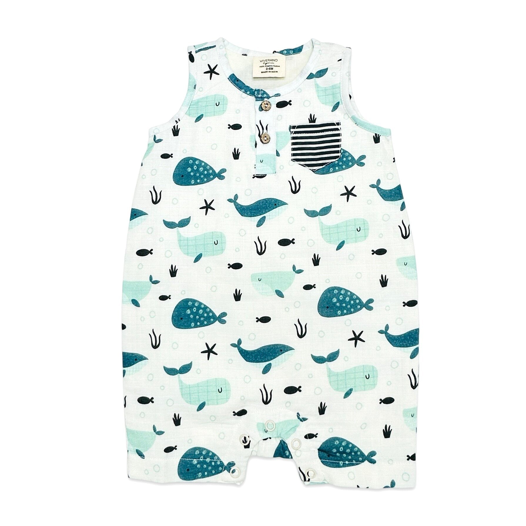 Whales Baby Short Button Romper (Organic Muslin)