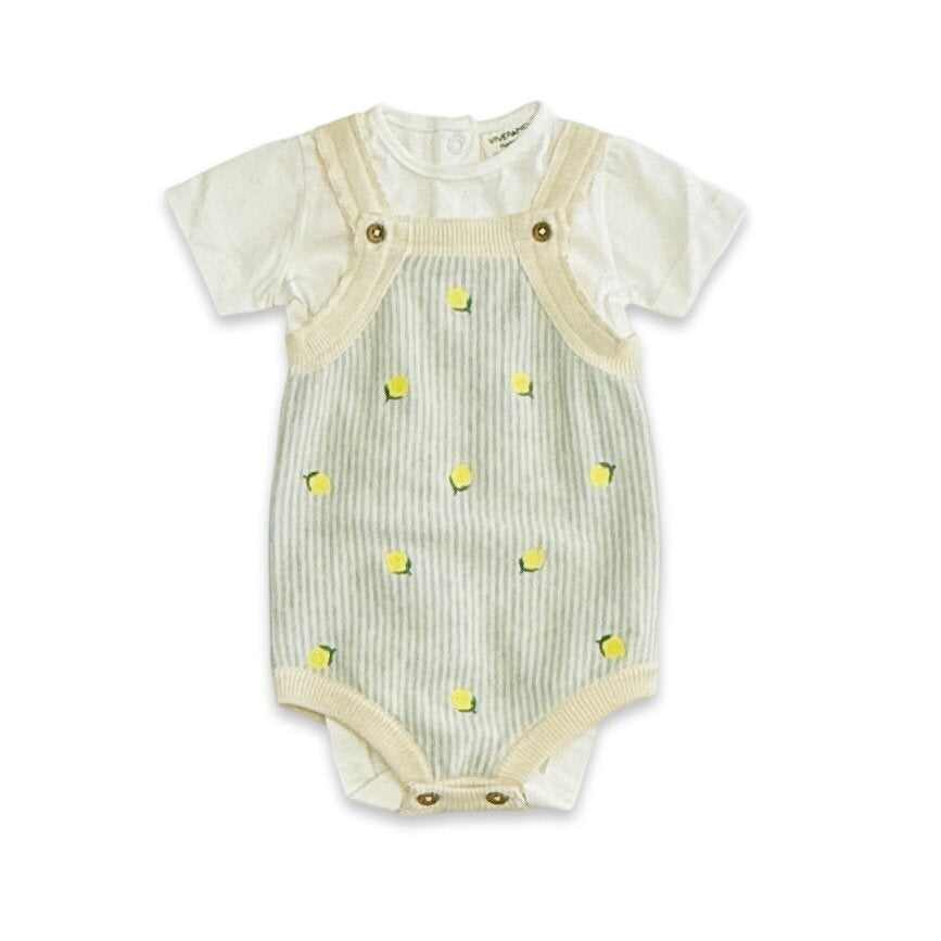 Lemon Stripe Embroidered Knit Baby Romper Set (Organic Cotton)