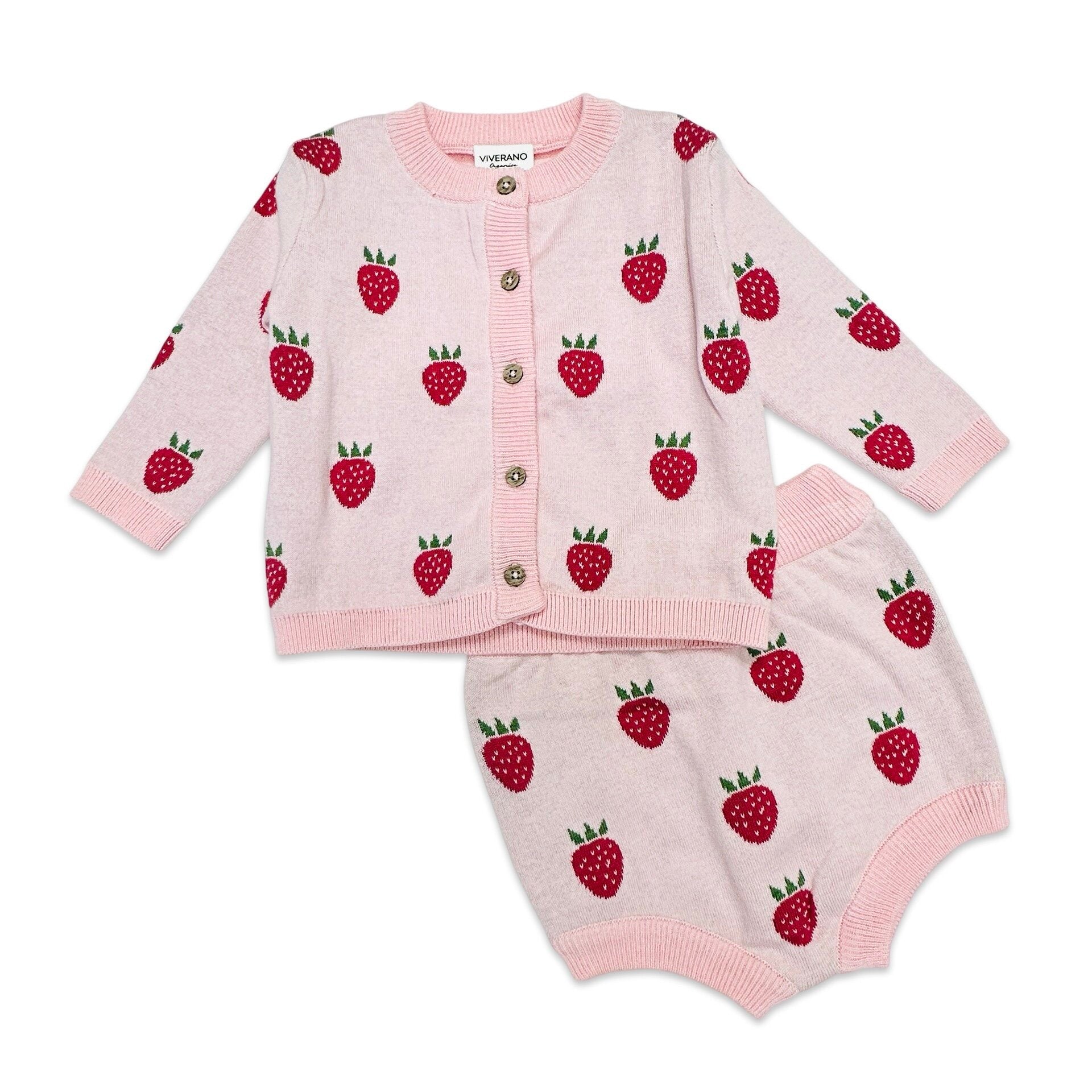 Strawberry Jacquard Knit Baby Cardigan, Bloomer 2pc Set (Organic Cotton)
