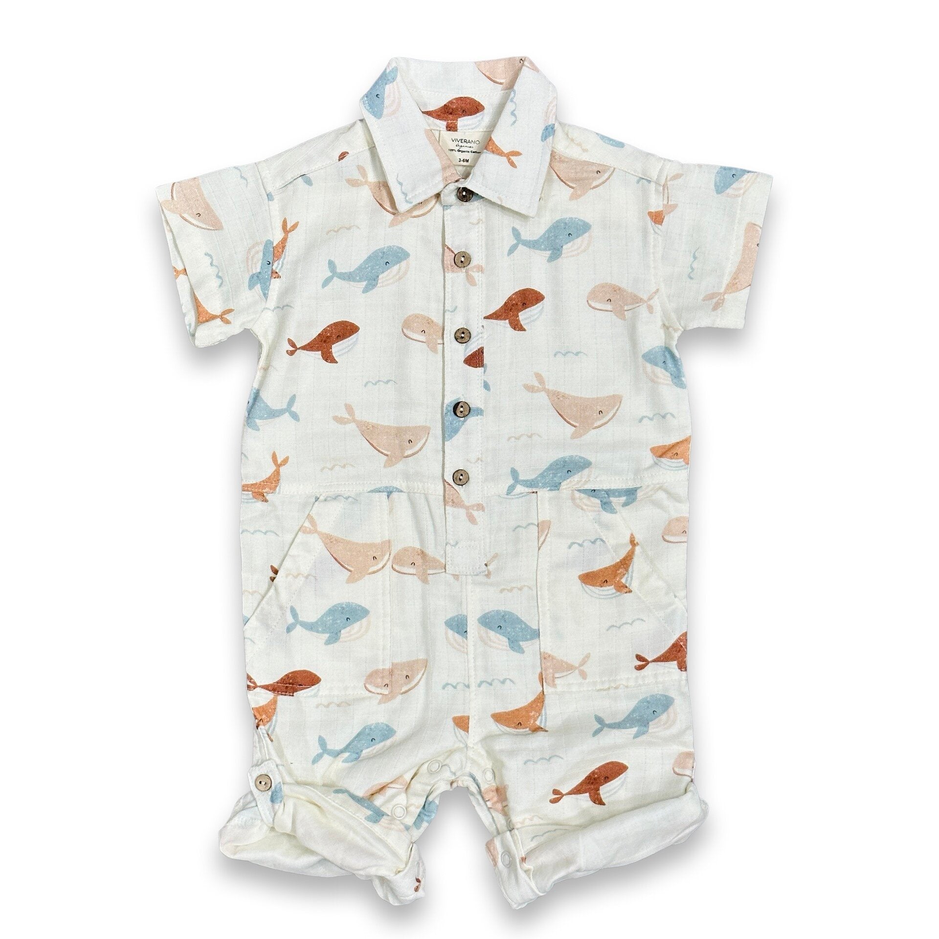 Whales Collar & Button Baby Playsuit Romper (Organic Muslin)