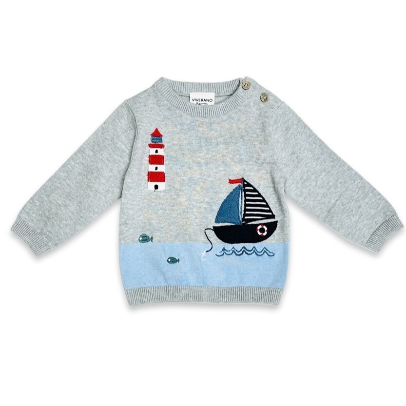 Lighthouse & Boat Embroidered Baby Knit Pullover and Pants SET (Organic Cotton)