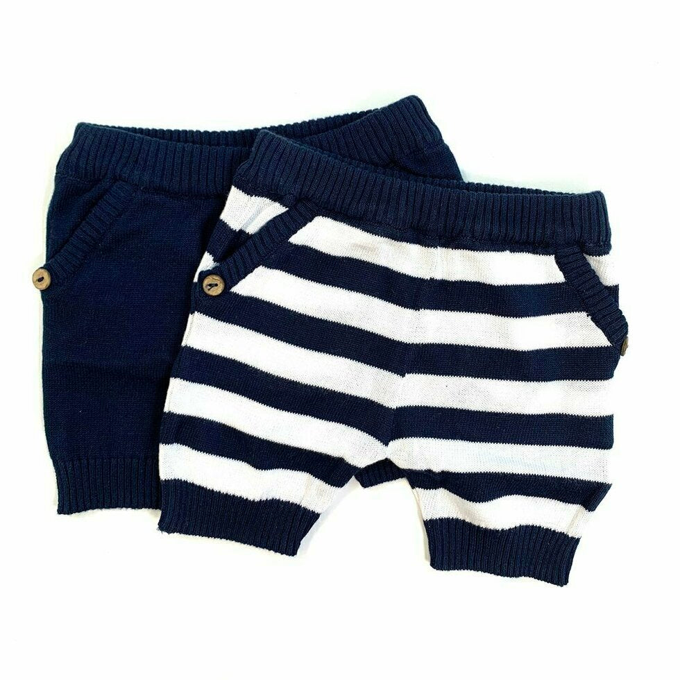 Milan Knit Navy Stripe & Solid Baby Shorts with Pockets (Organic Cotton)